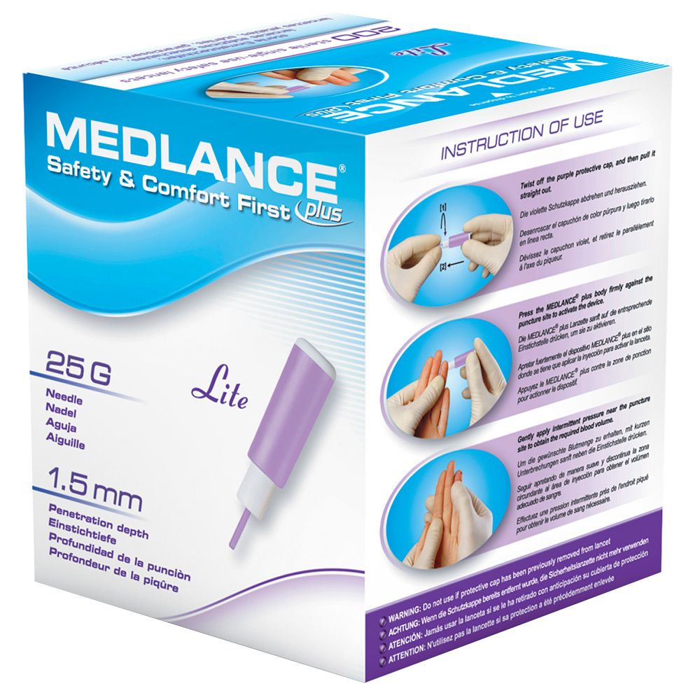 Boîte de lancettes de sécurité MEDLANCE® plus Lite. Aiguille 25G, profondeur de piqûre 1,5 mm. Lancette violette. Instructions sur la boîte.
