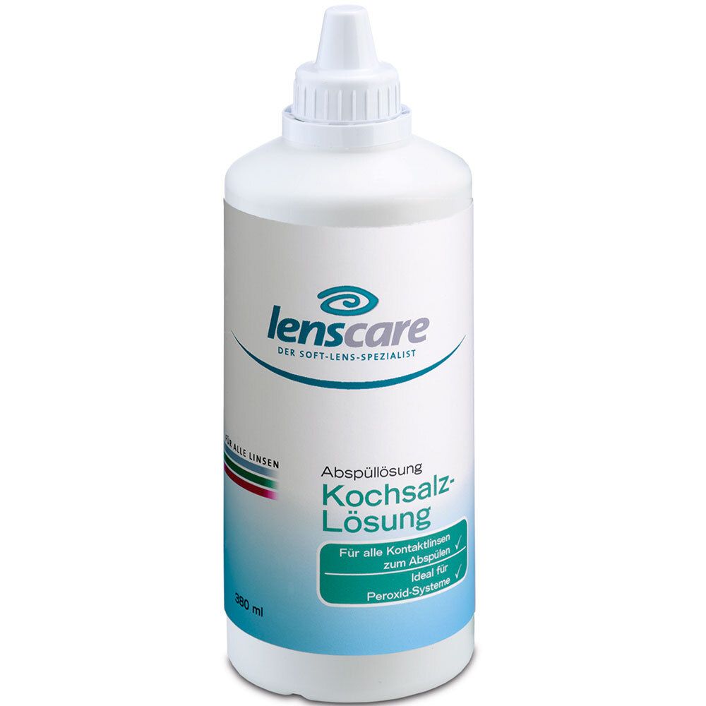 Flacon blanc avec logo Lenscare et nom du produit Kochsalzlösung. Flacon avec embout doseur.