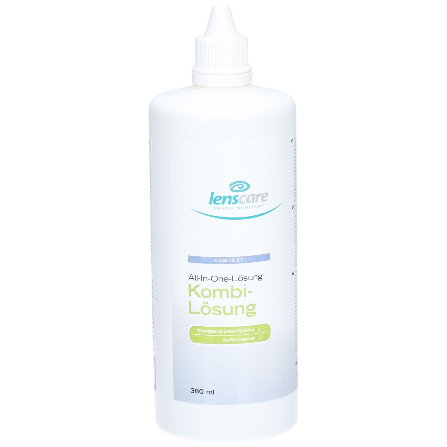 Flacon blanc avec logo "lenscare" et inscription "Kombi-Lösung". 360 ml. Embout verseur.