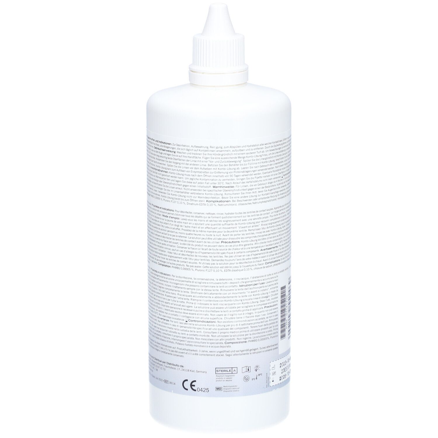 Flacon blanc avec texte. Marquage CE. Symbole stérile. Numéro de lot et date de péremption.