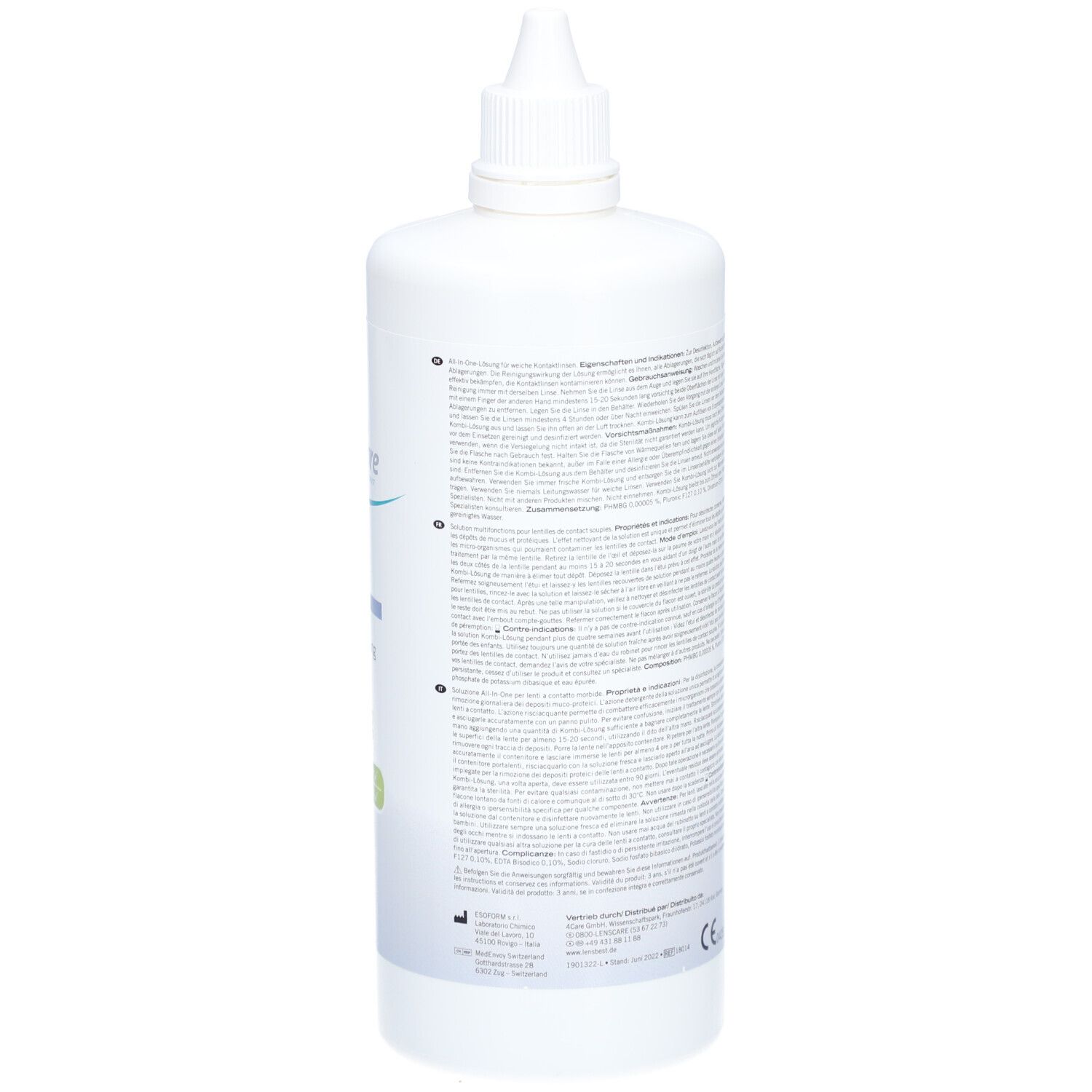 Flacon blanc avec texte. Marquage CE. Symbole stérile. Numéro de lot et date de péremption.