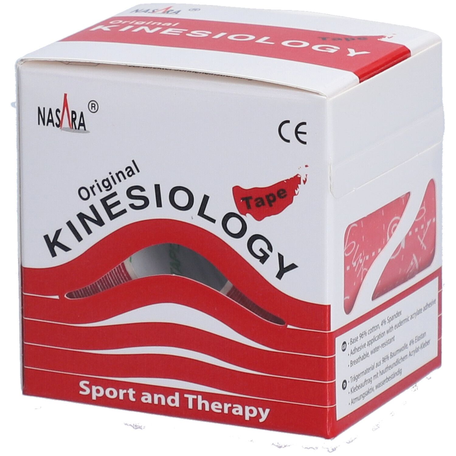 Boîte de Kinesiologie Tape. Blanc et rouge. Inscription: Original Kinesiologie Tape, Nasara. Marque CE. Sport et Thérapie.