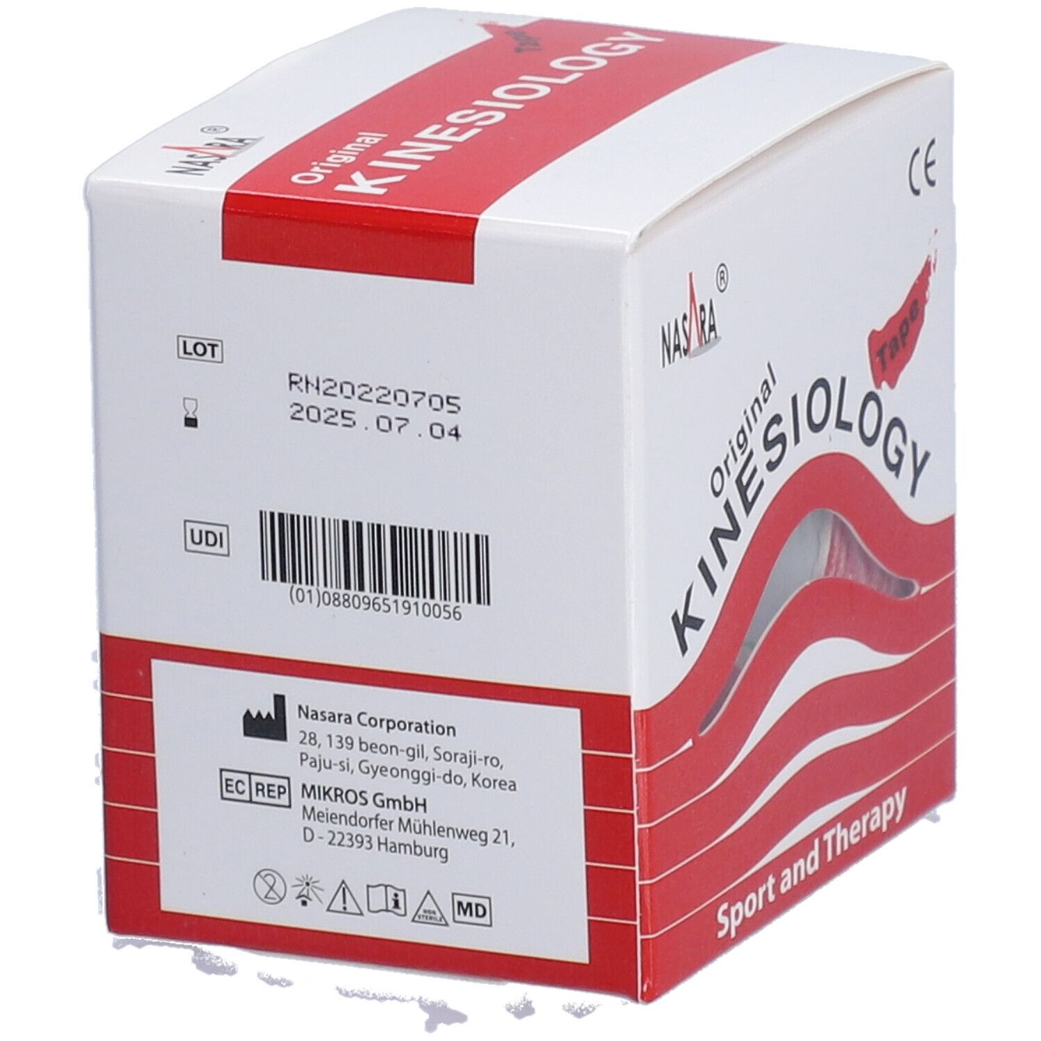 Boîte de Kinesiologie Tape. Blanc et rouge. Inscription: Original Kinesiologie Tape, Nasara. Marque CE. Sport et Thérapie. Code UDI.