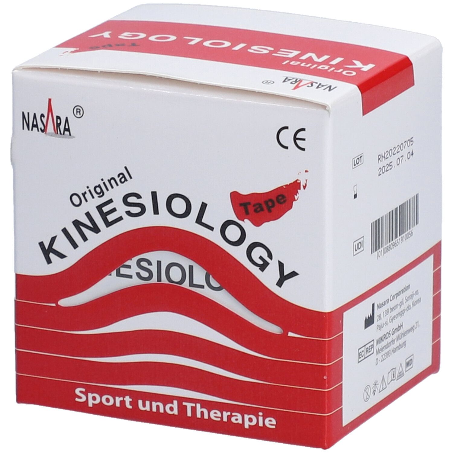 Boîte de Kinesiologie Tape. Blanc et rouge. Inscription: Original Kinesiologie Tape, Nasara. Marque CE. Sport et Thérapie. Arrière.