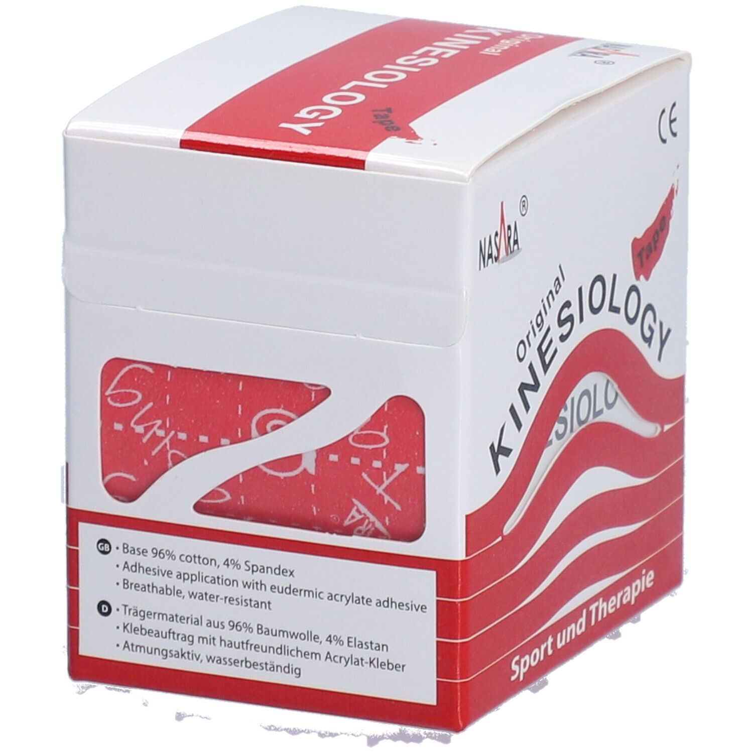 Boîte de Kinesiologie Tape. Blanc et rouge. Inscription: Original Kinesiologie Tape, Nasara. Marque CE. Sport et Thérapie. Informations produit.