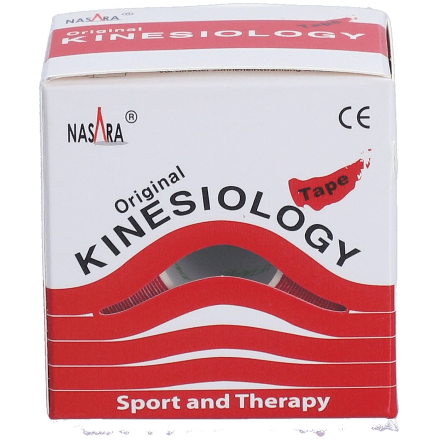 Boîte de Kinesiologie Tape. Blanc et rouge. Inscription: Original Kinesiologie Tape, Nasara. Marque CE. Sport et Thérapie. Vue.