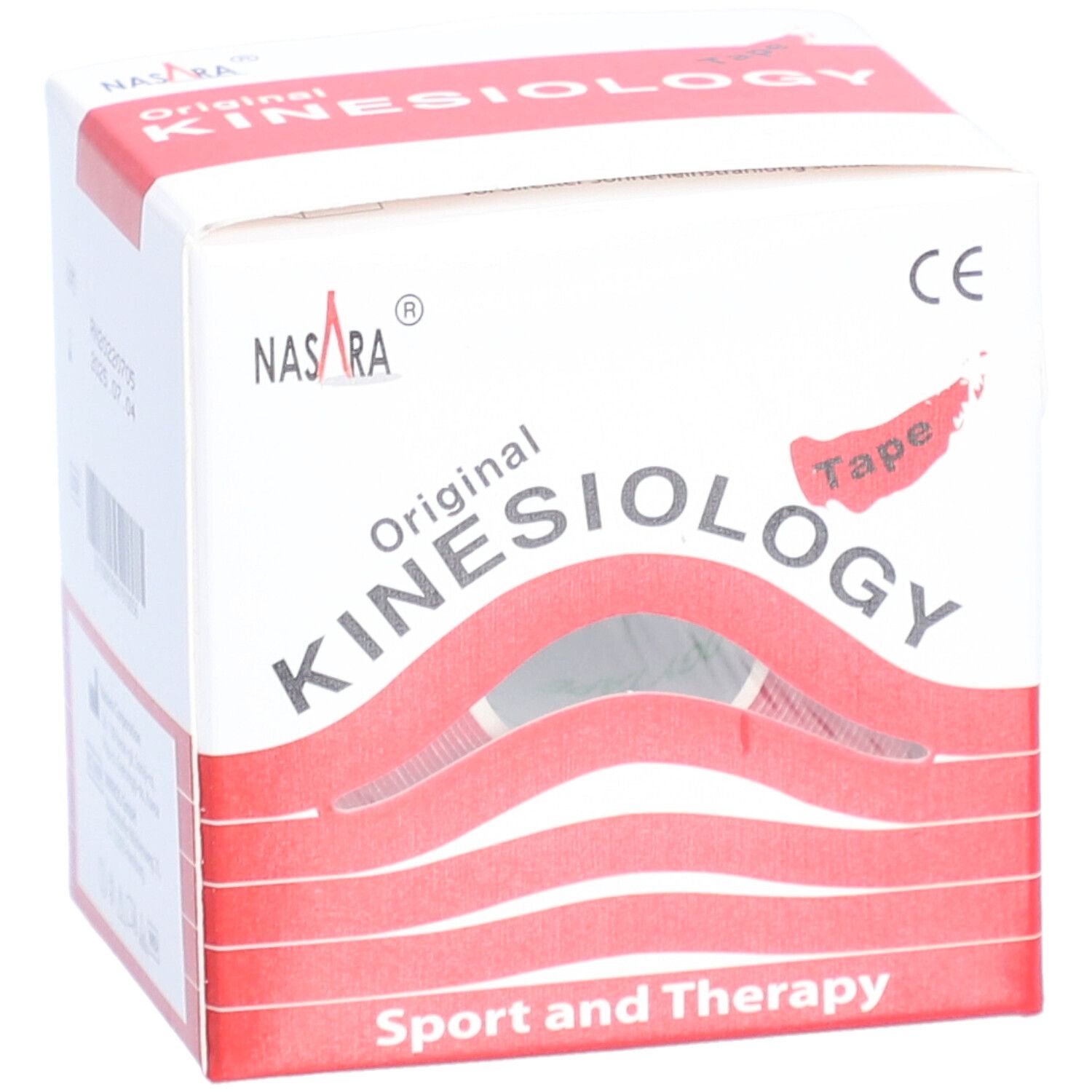 Boîte de Kinesiologie Tape. Blanc et rouge. Inscription: Original Kinesiologie Tape, Nasara. Marque CE. Sport et Thérapie. Vue.