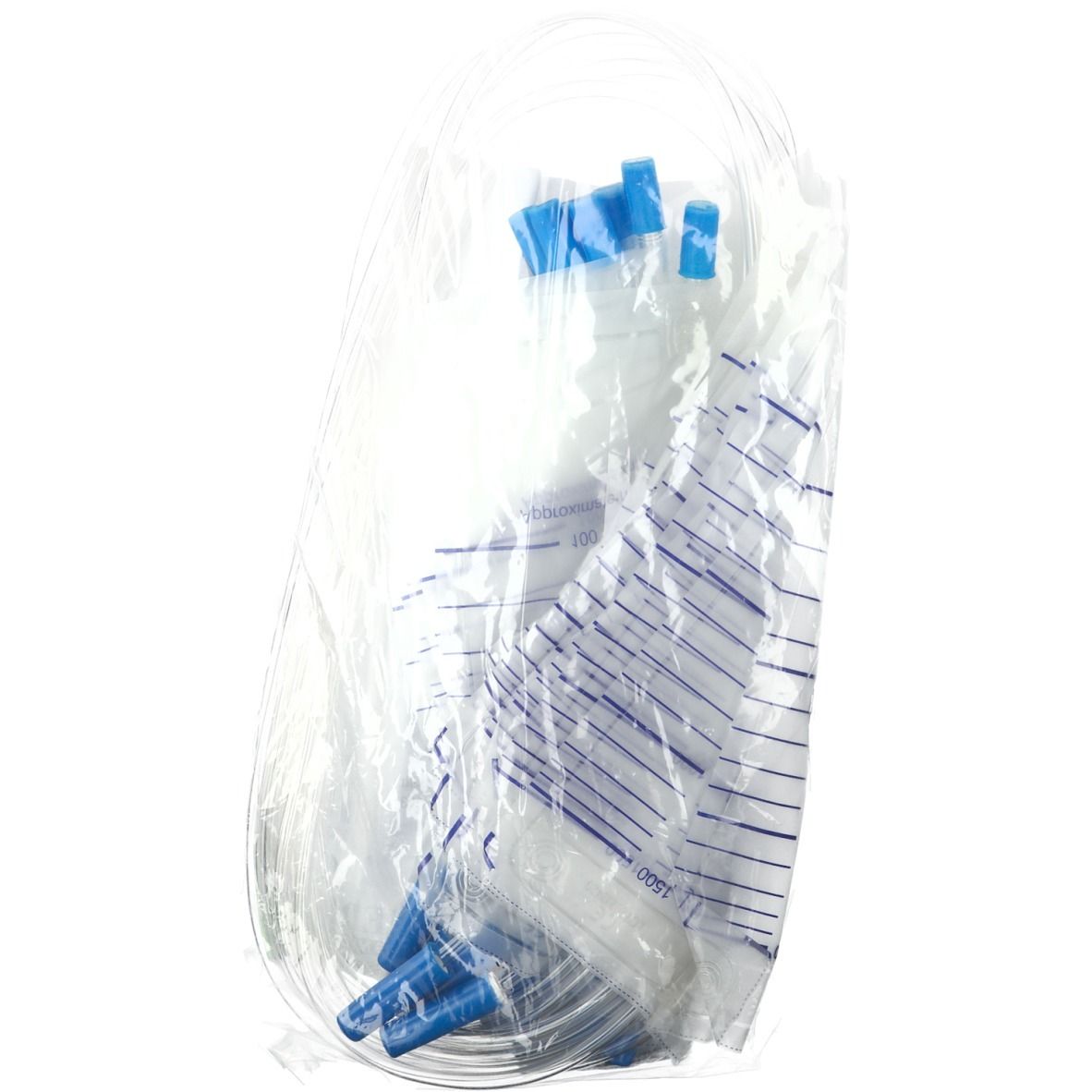 Ensemble de poche à urine en emballage plastique. Poche graduée, tube et connecteurs. Détails bleus.