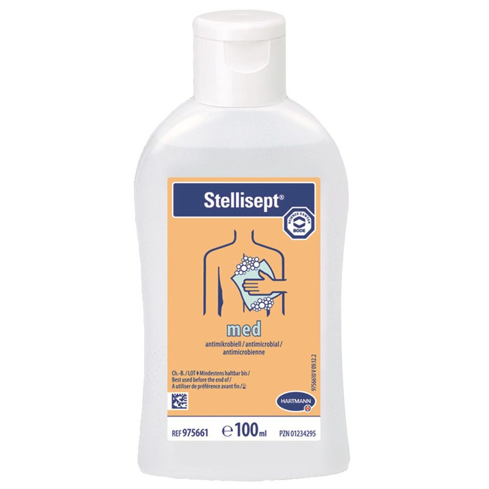 Flacon de lotion Stellisept med. Bouchon blanc, étiquette avec illustration et texte. Logo Hartmann.