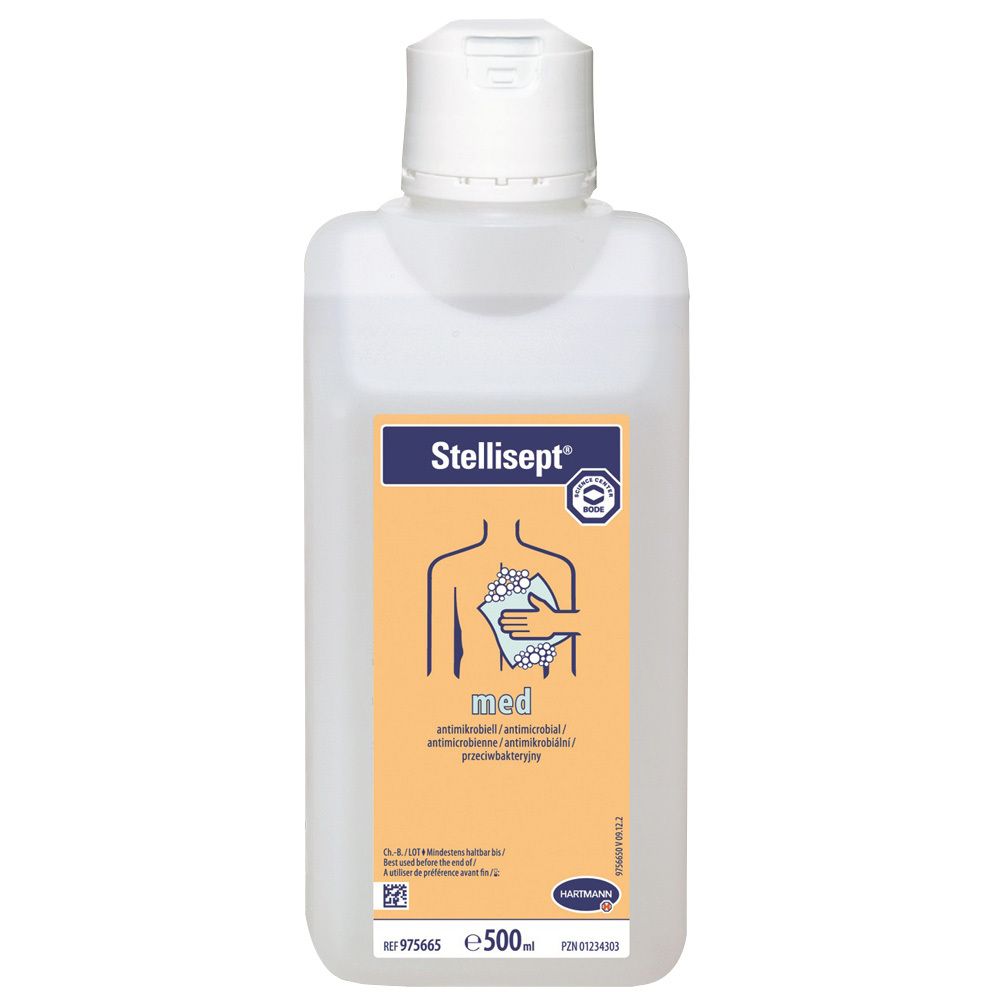 Flacon de lotion Stellisept med. Récipient en plastique blanc avec étiquette jaune et illustration.