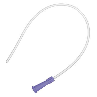 Sonde rectale transparente avec cône violet. Tube flexible à extrémité arrondie. Dispositif médical.