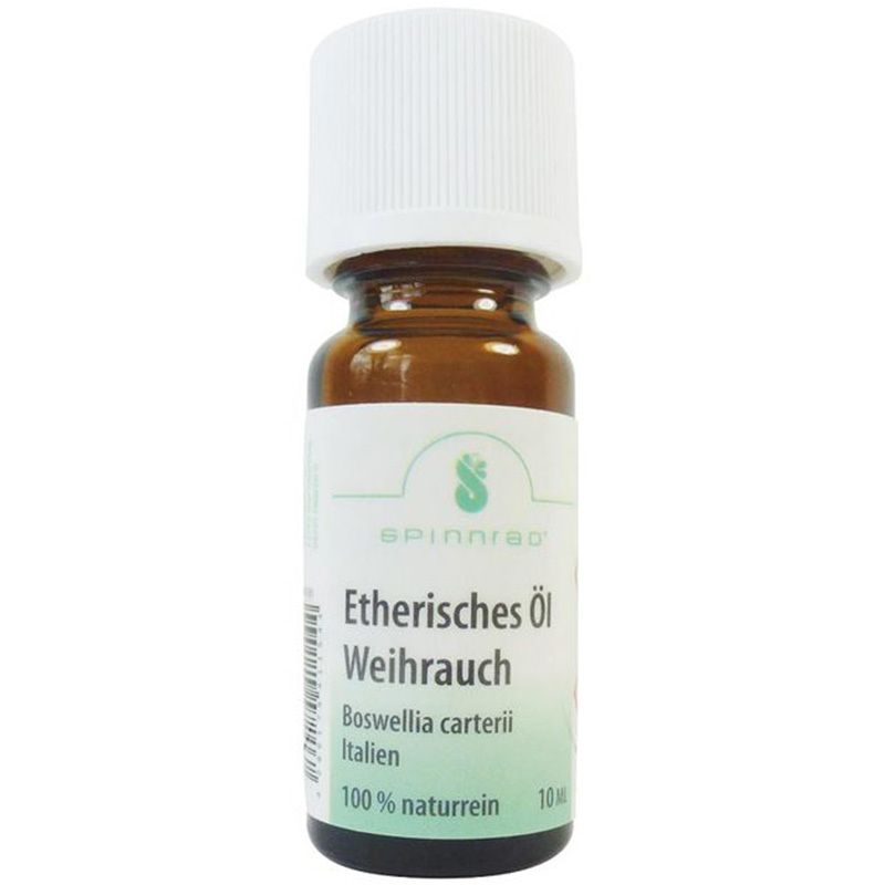 Flacon en verre brun avec bouchon blanc. Étiquette avec informations: Huile essentielle d'encens, 100% naturelle. Marque: Spinnrad.
