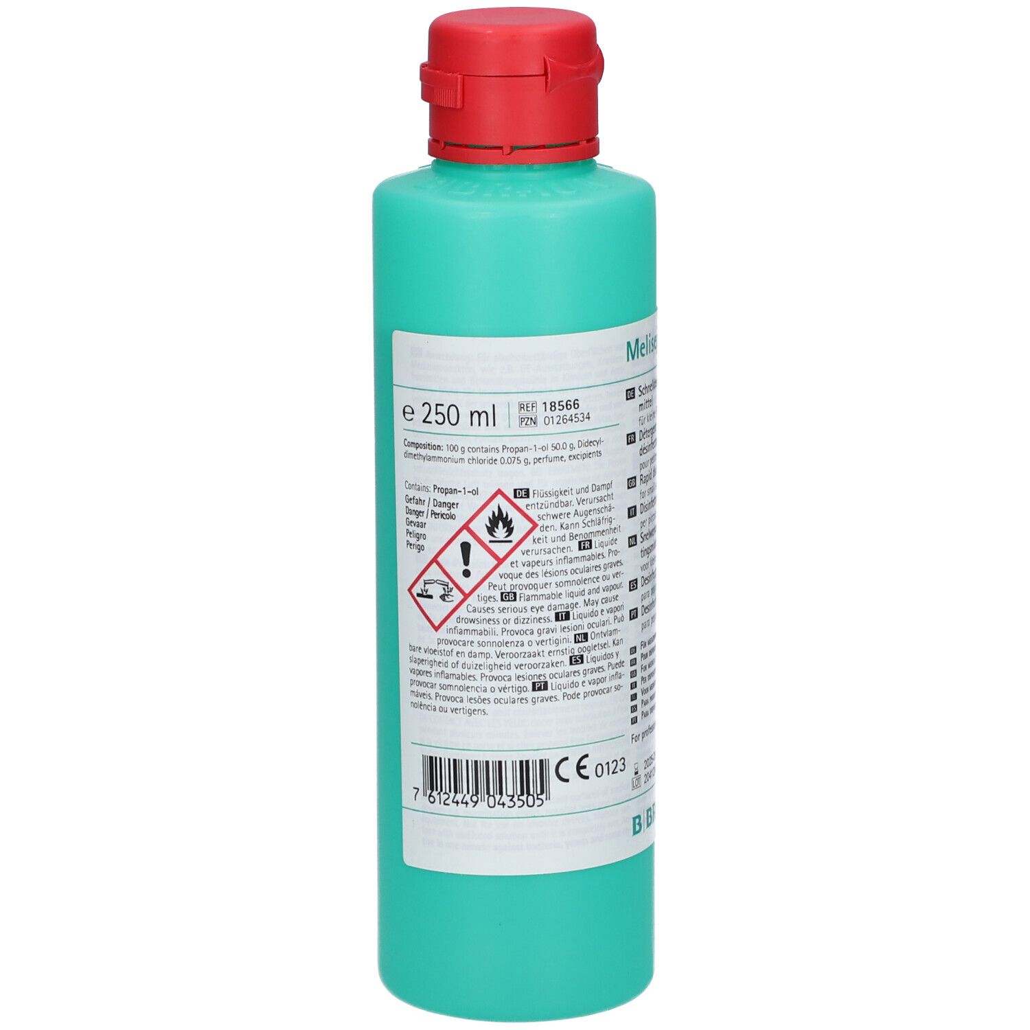 Dos d'un flacon vert avec bouchon rouge. Contient des informations sur les ingrédients et des avertissements de danger.