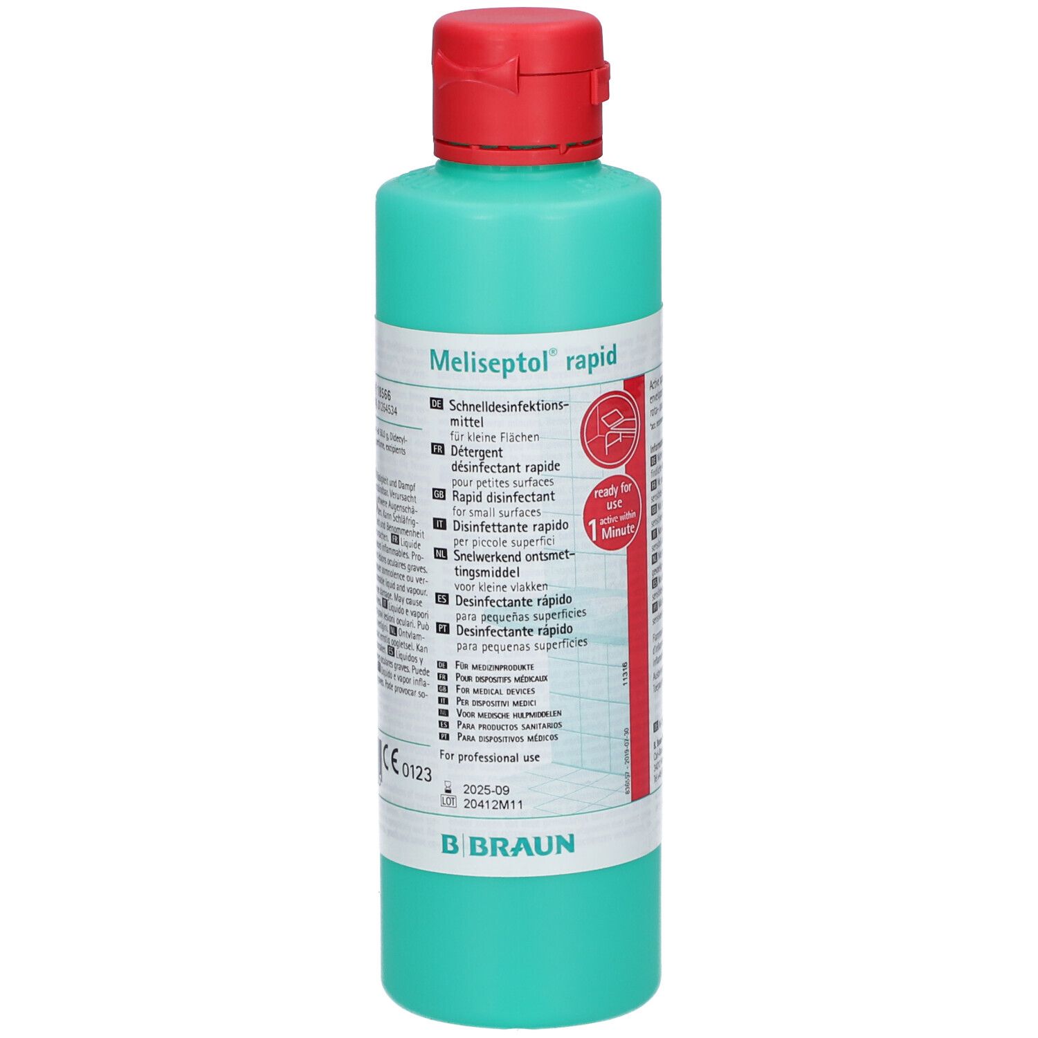 Dos d'un flacon vert avec bouchon rouge. Contient des informations sur les ingrédients et des avertissements de danger.