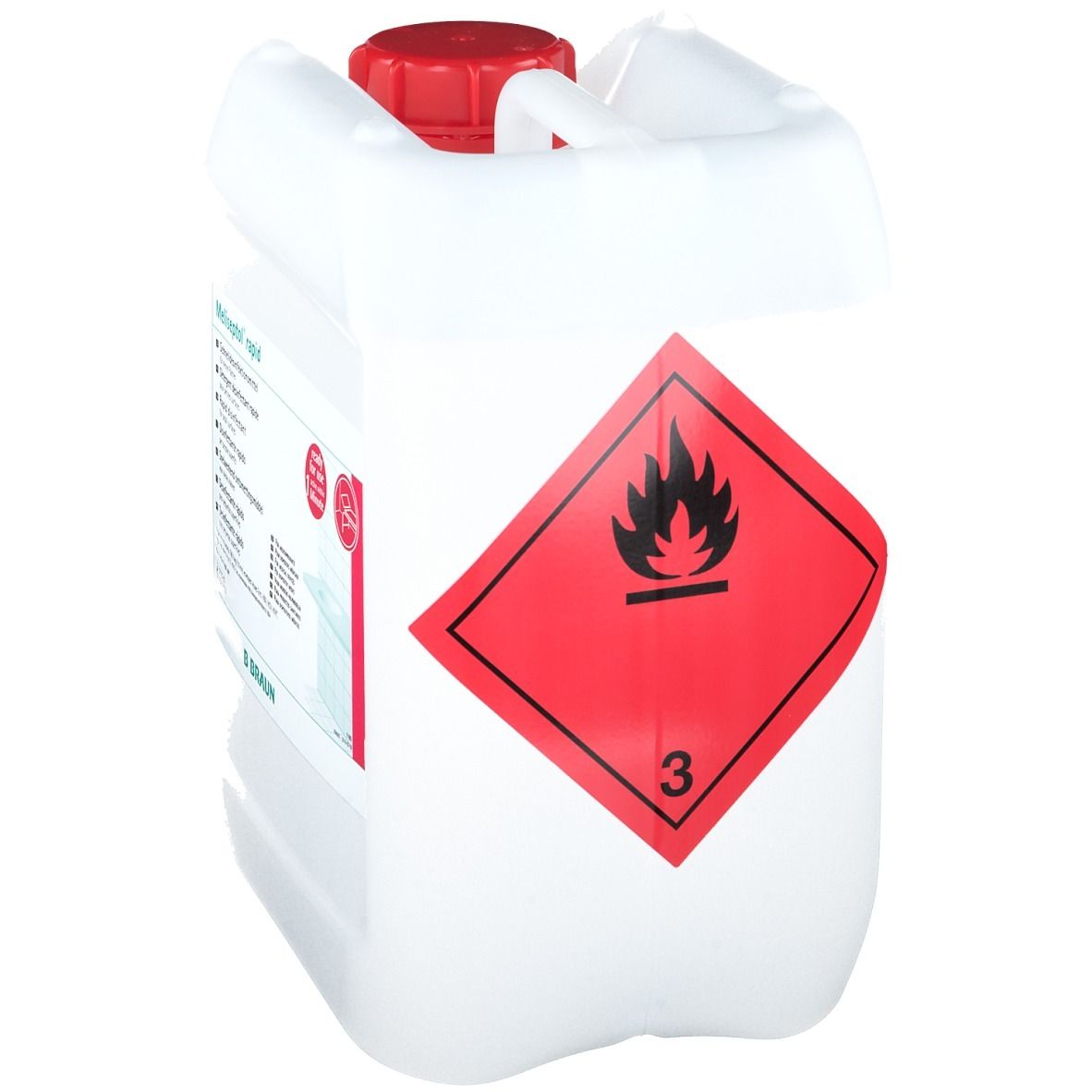 Bidon blanc avec bouchon rouge. Symbole de danger : flamme. Inscriptions et informations.