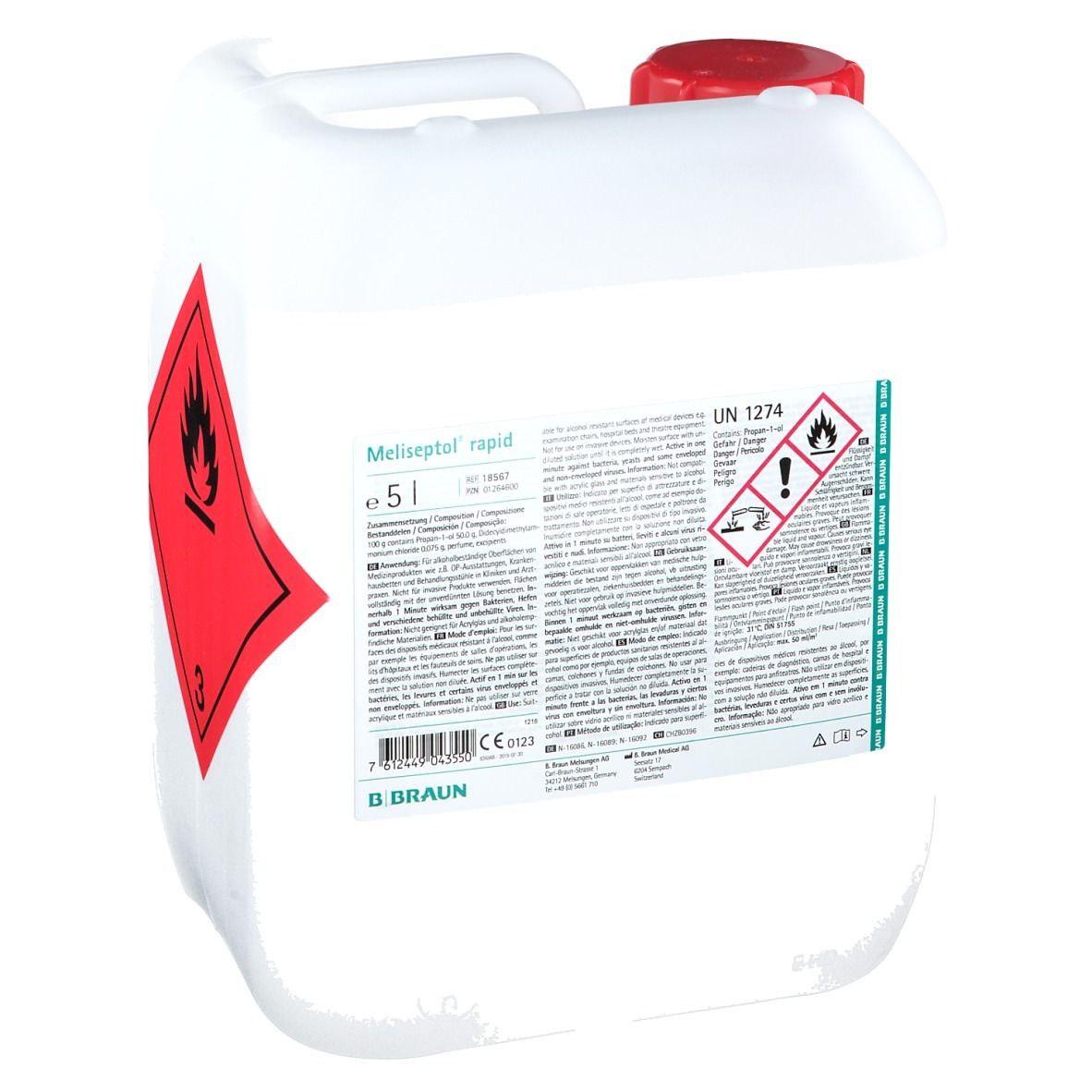 Bidon blanc avec bouchon rouge. Inscription Meliseptol rapid, 5 l. Symboles de danger. Logo B. Braun.