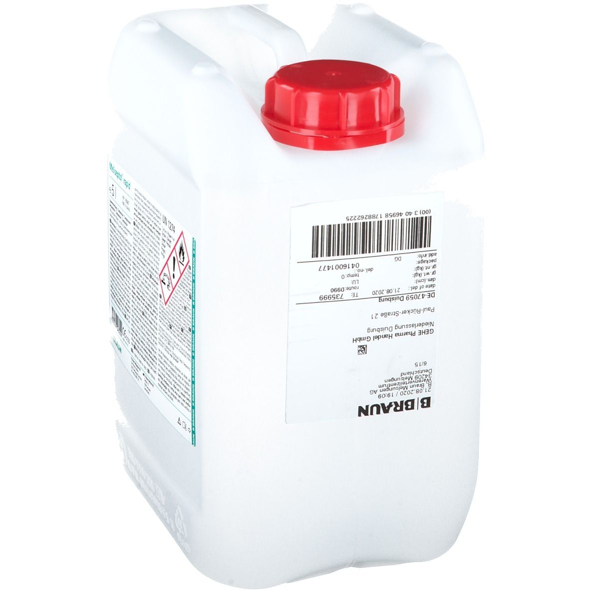 Bidon blanc avec bouchon rouge. Étiquette avec informations et code-barres. Logo B. Braun.