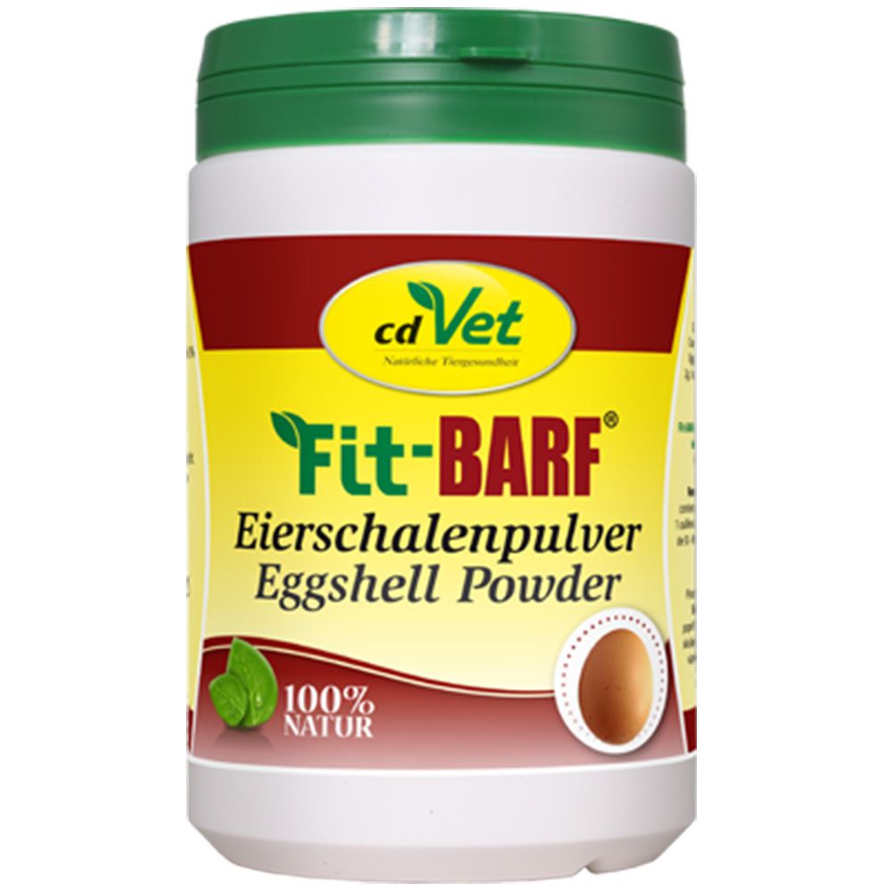 Boîte blanche avec couvercle vert. Inscription : Fit-BARF Eierschalenpulver. Logo : cd Vet.