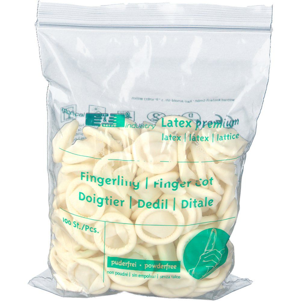Sachet de doigtiers en latex. Inscription: Fingerling, finger cot, Doigtier, Dedil, Dital. 100 pièces. Sans poudre.