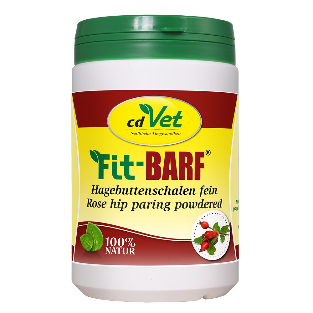 Récipient blanc avec couvercle vert. Étiquette jaune avec nom du produit : Fit-BARF Hagebuttenschalenpulver fein.