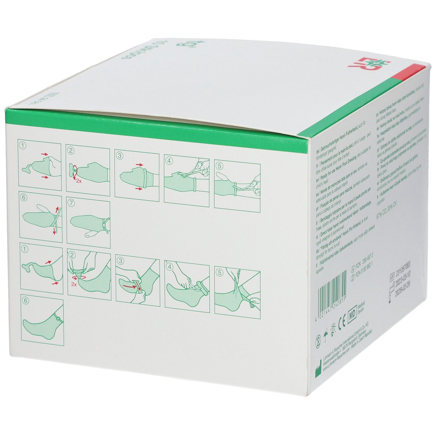 Boîte de pansements tg® main/pied. Instructions d'utilisation en pictogrammes.