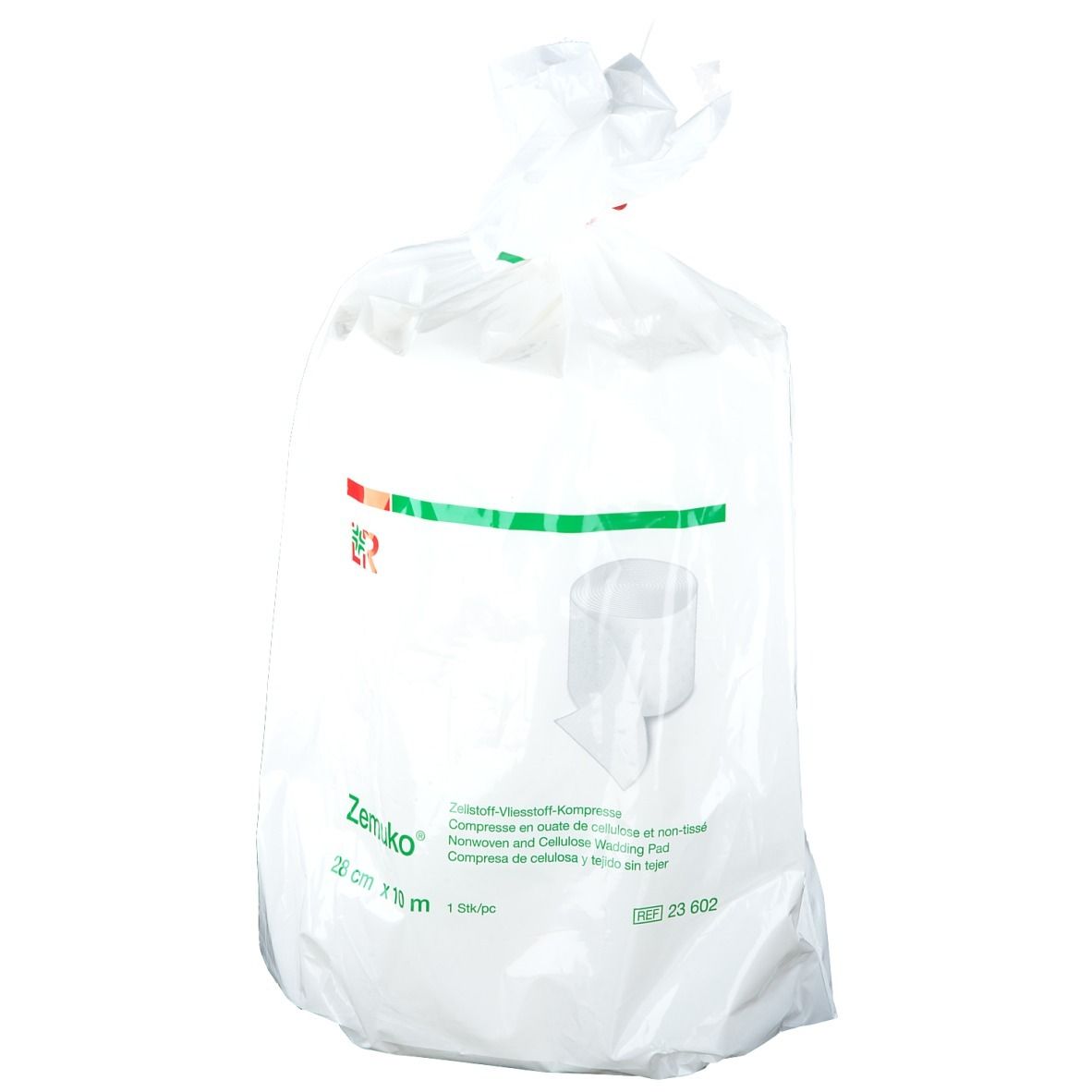 Compresse en rouleau dans un emballage plastique. Inscription : Zemuko, 28 cm x 10 m. Logo vert et rouge. Texte en allemand, anglais, français, espagnol.