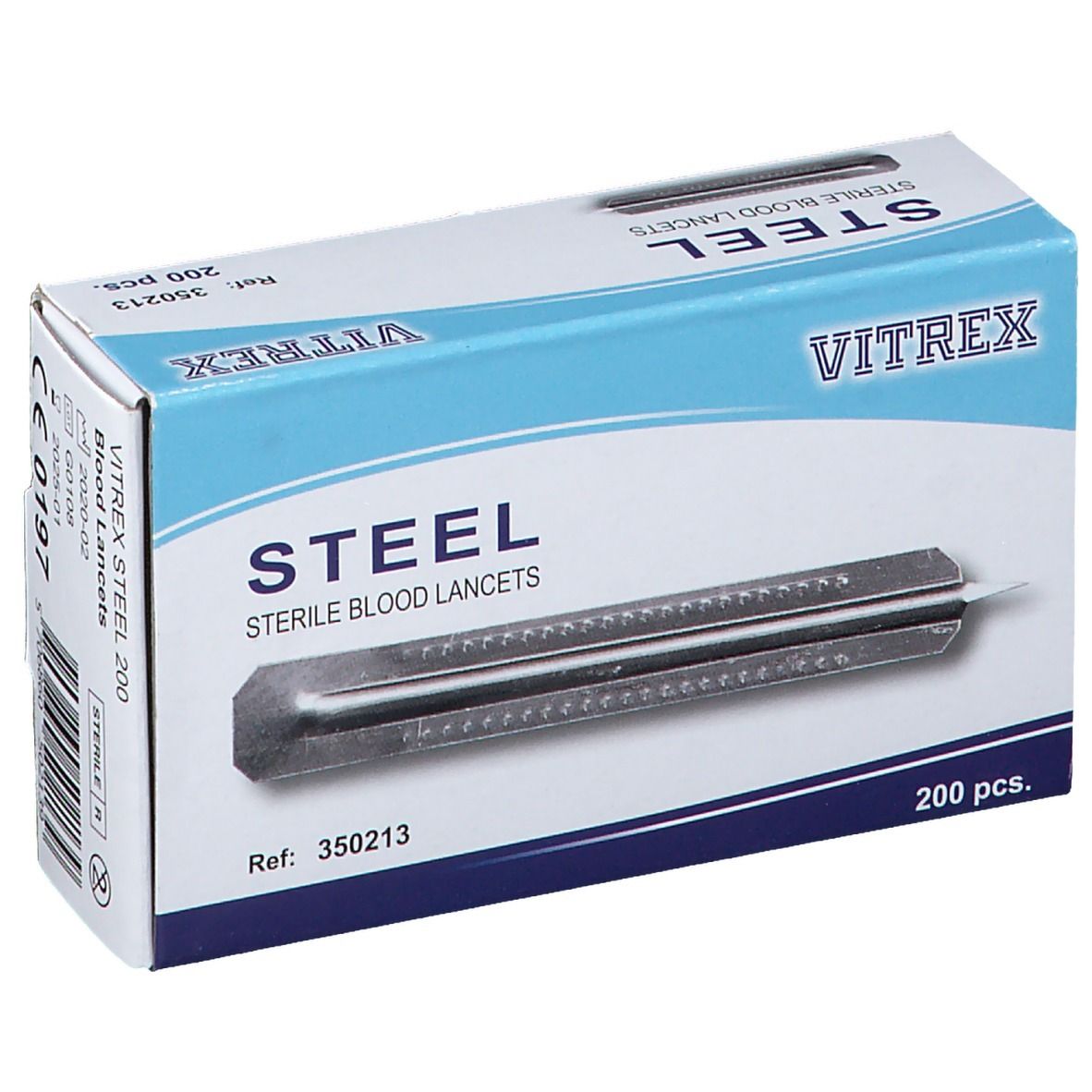 Boîte de lancettes stériles STEEL, marque VITREX. Contient 200 pièces. Réf. 350213. Vue de face.