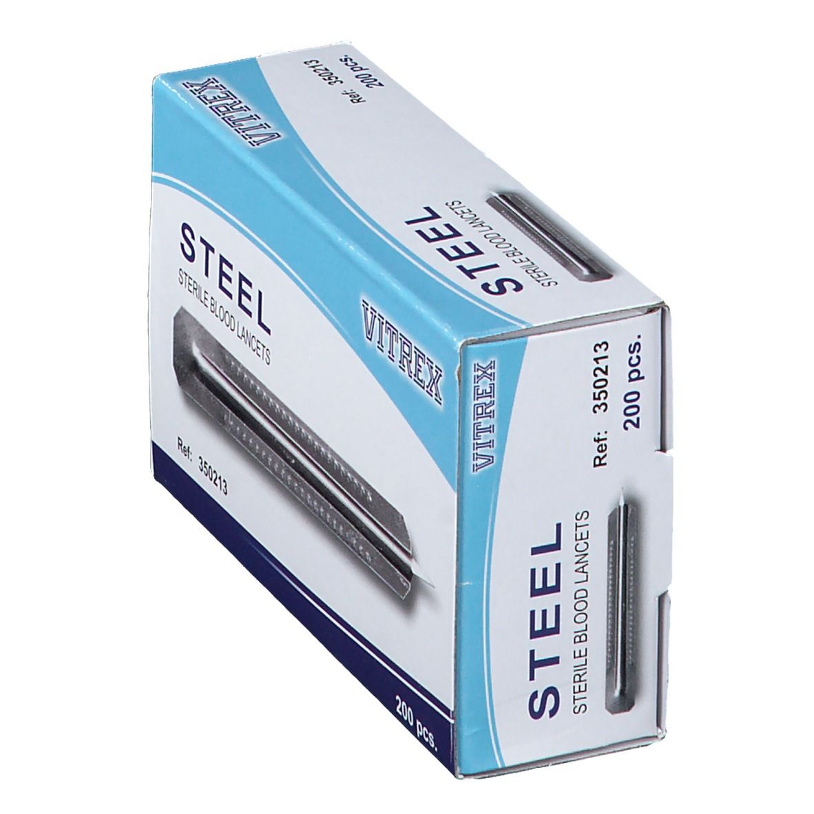 Boîte de lancettes stériles STEEL, marque VITREX. Contient 200 pièces. Réf. 350213. Vue en biais.