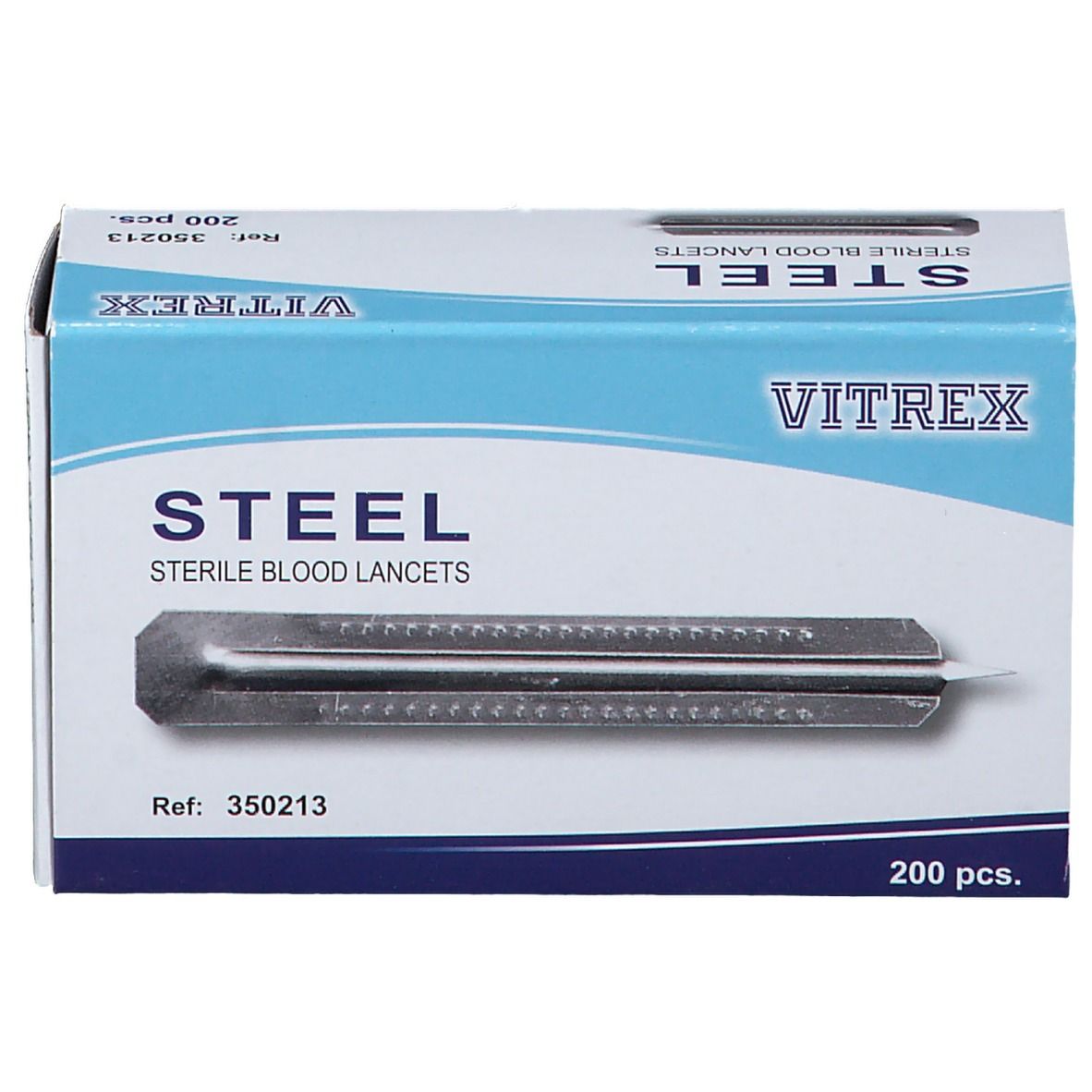Boîte de lancettes stériles STEEL, marque VITREX. Contient 200 pièces. Réf. 350213. Vue de face.