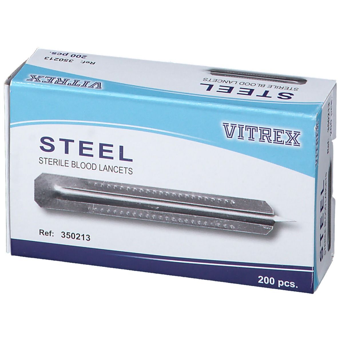 Boîte de lancettes stériles STEEL, marque VITREX. Contient 200 pièces. Réf. 350213. Vue en biais.