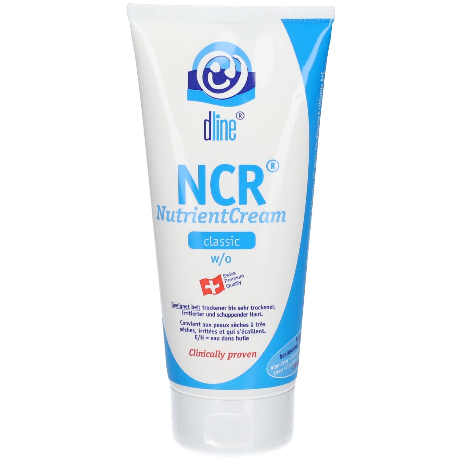 Tube blanche, bouchon bleu. Inscription: dline NCR NutrientCream classic. Label qualité suisse. Cliniquement prouvé.