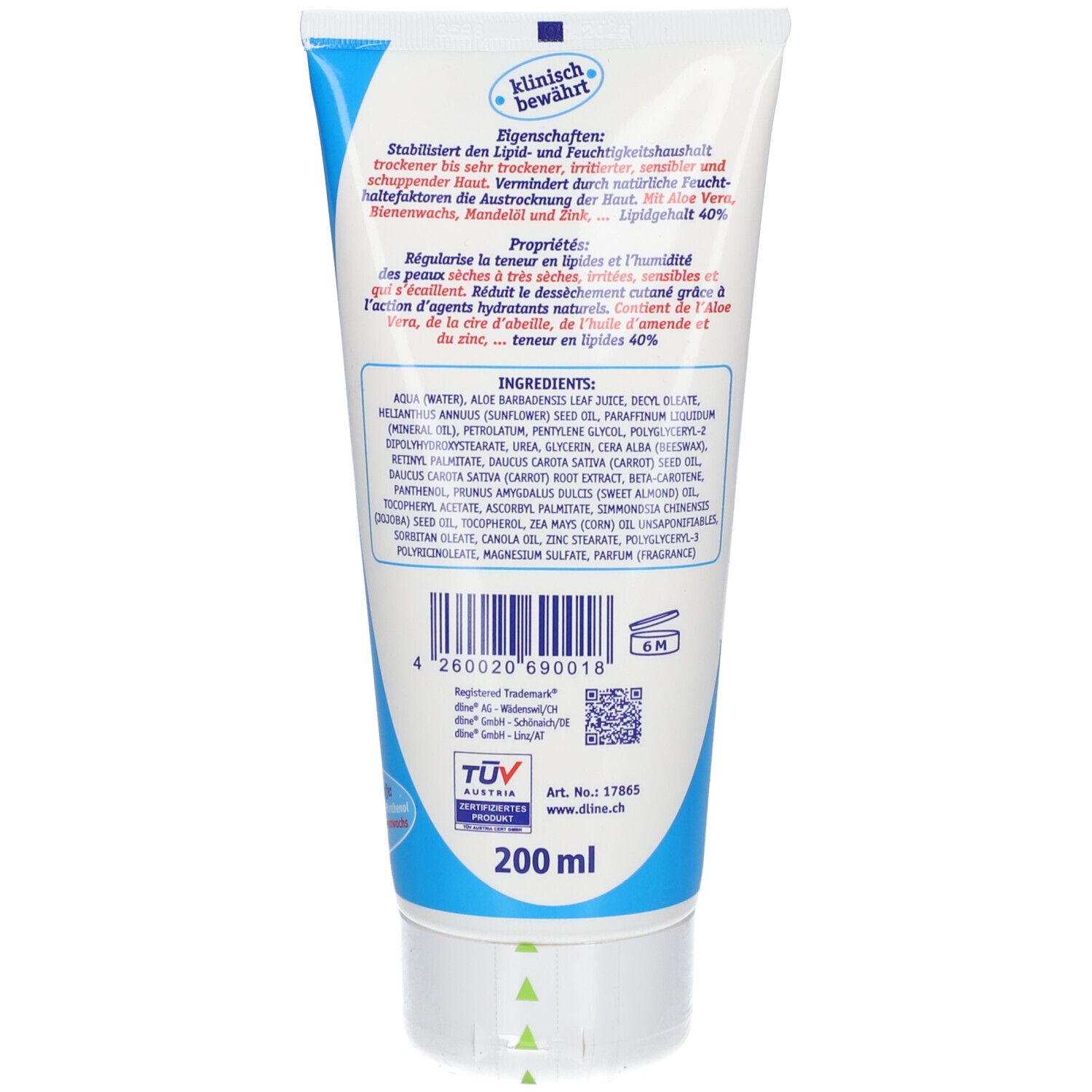 Dos du tube. Texte: Propriétés, Ingrédients, 200 ml. Certification TÜV. Symbole 6M.