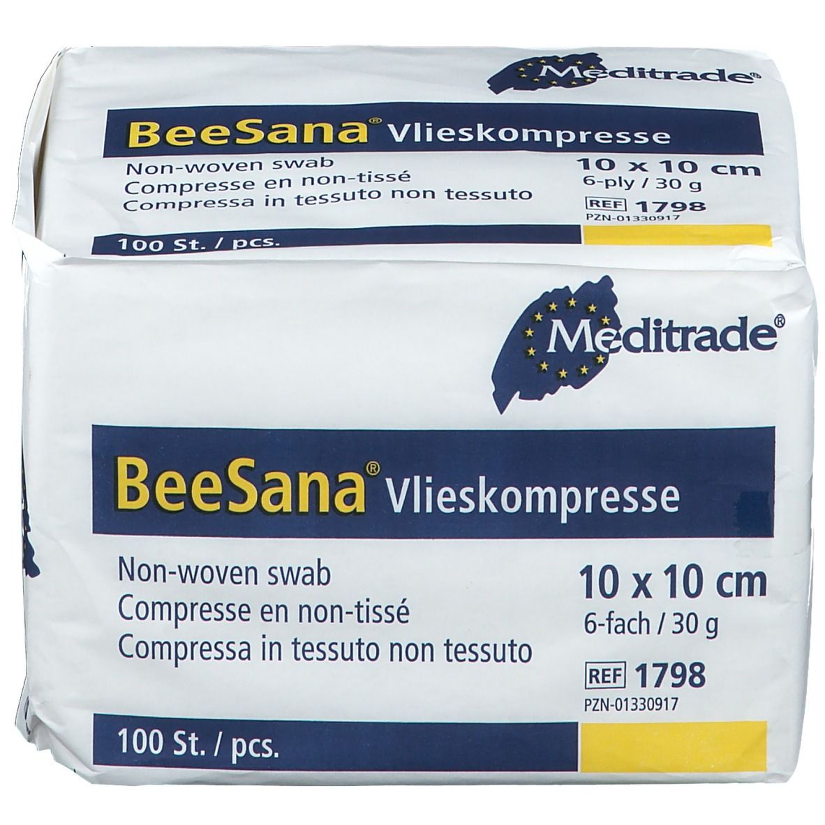 Emballage de compresses non tissées BeeSana. 10 x 10 cm, 6 plis, 100 pièces. Logo Meditrade.