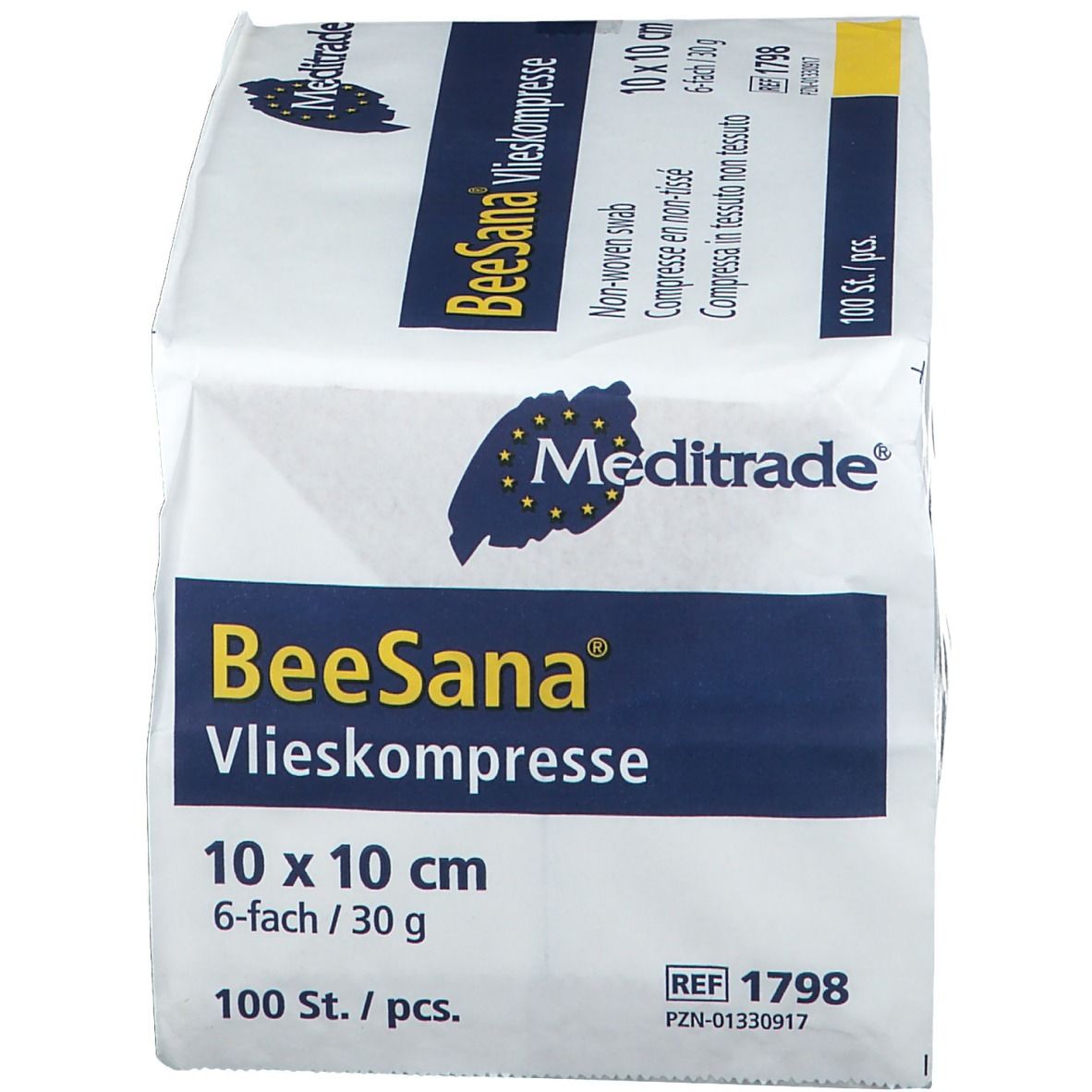 Emballage de compresses non tissées BeeSana. 10 x 10 cm, 6 plis, 100 pièces. Logo Meditrade.