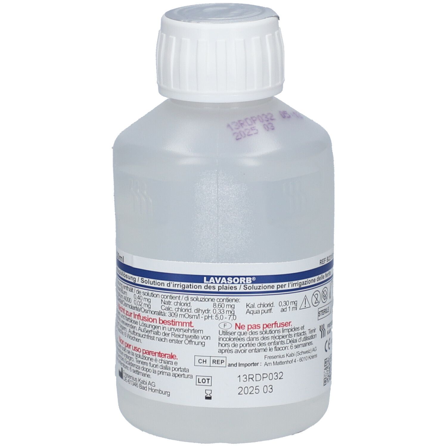 Flacon transparent avec bouchon à vis blanc. Inscription : Lavasorb®, solution pour le lavage des plaies. Ingrédients et date de péremption.