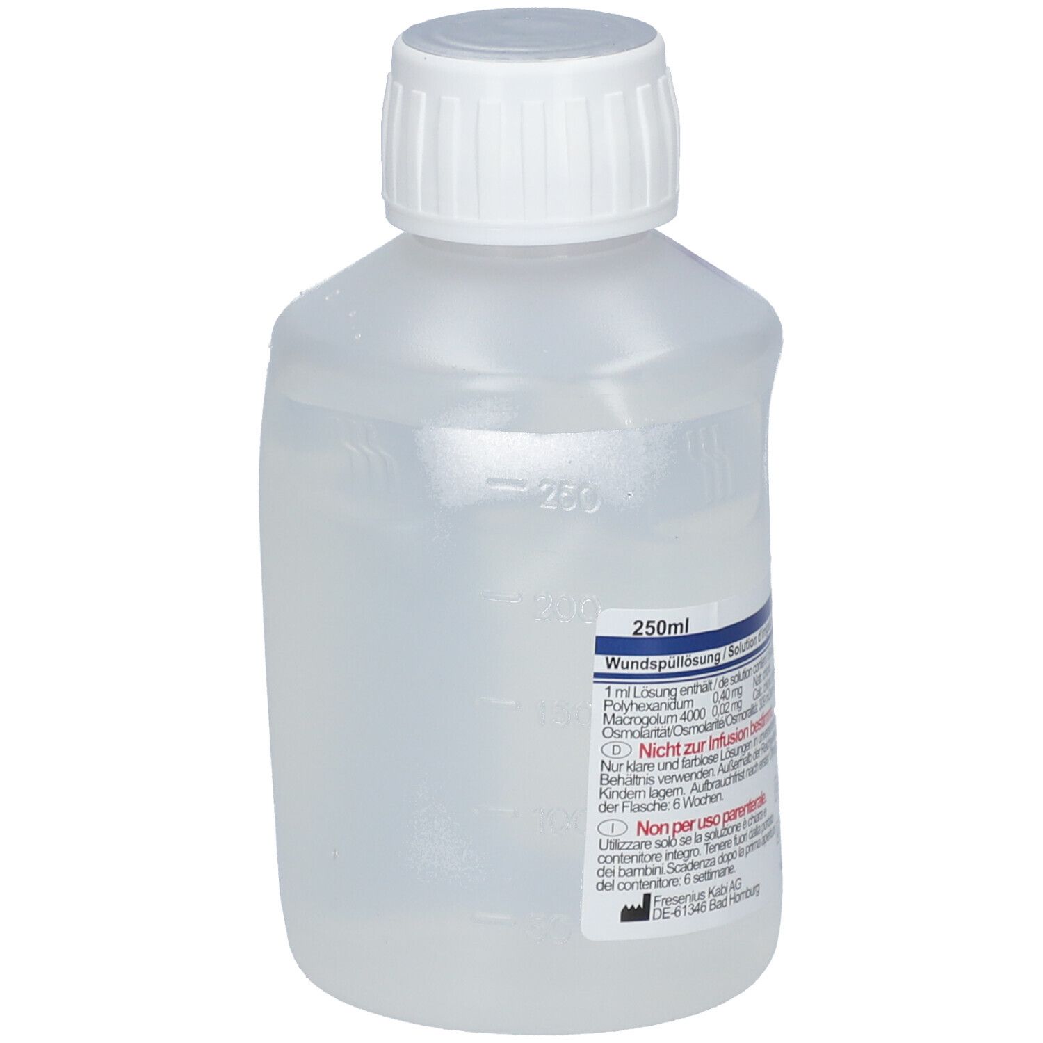 Flacon transparent avec bouchon à vis blanc. Impression avec indication de volume 250ml. Inscription : Solution pour le lavage des plaies. Non pour perfusion.