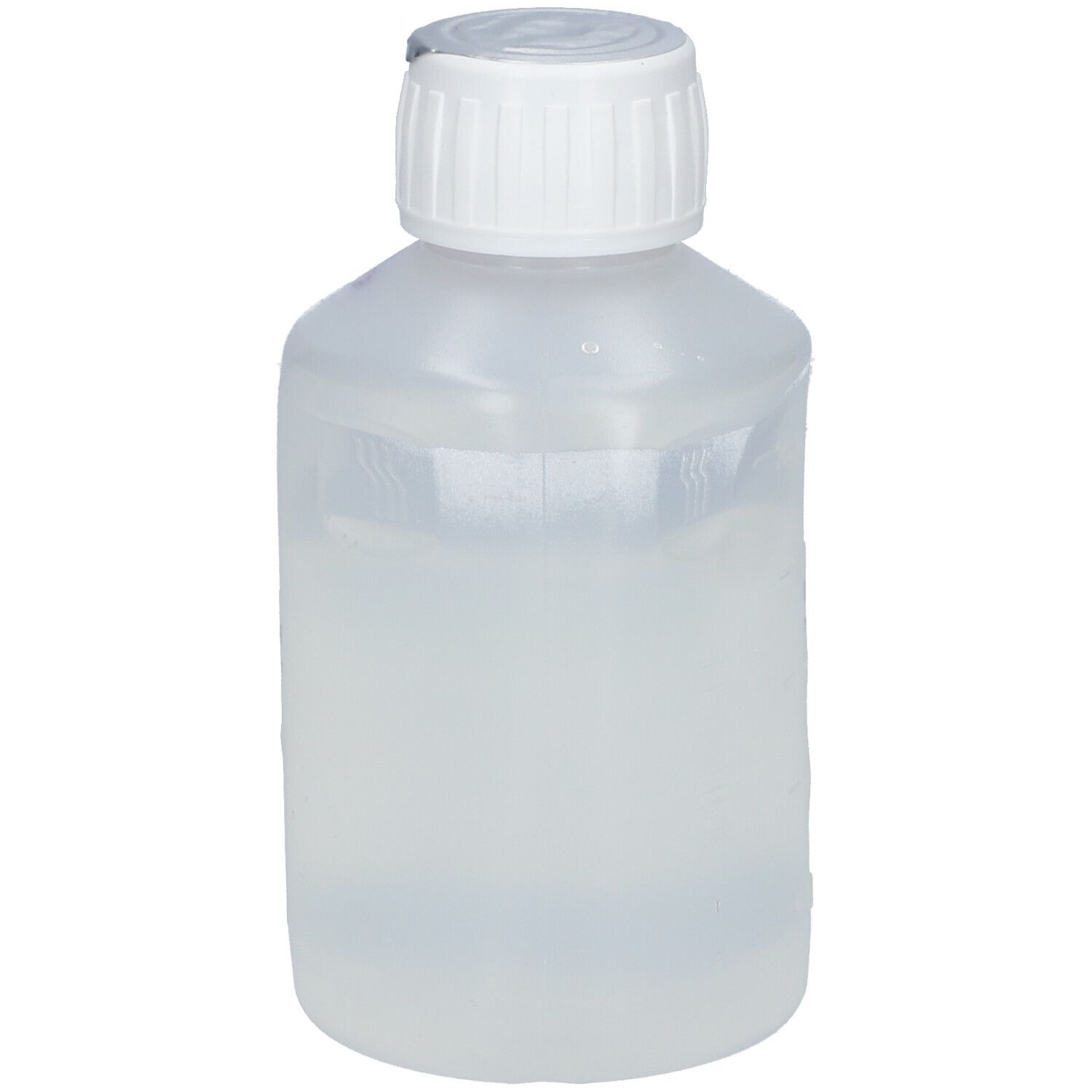 Flacon transparent avec bouchon à vis blanc. Contient un liquide clair. Aucune autre inscription ou identification visible.