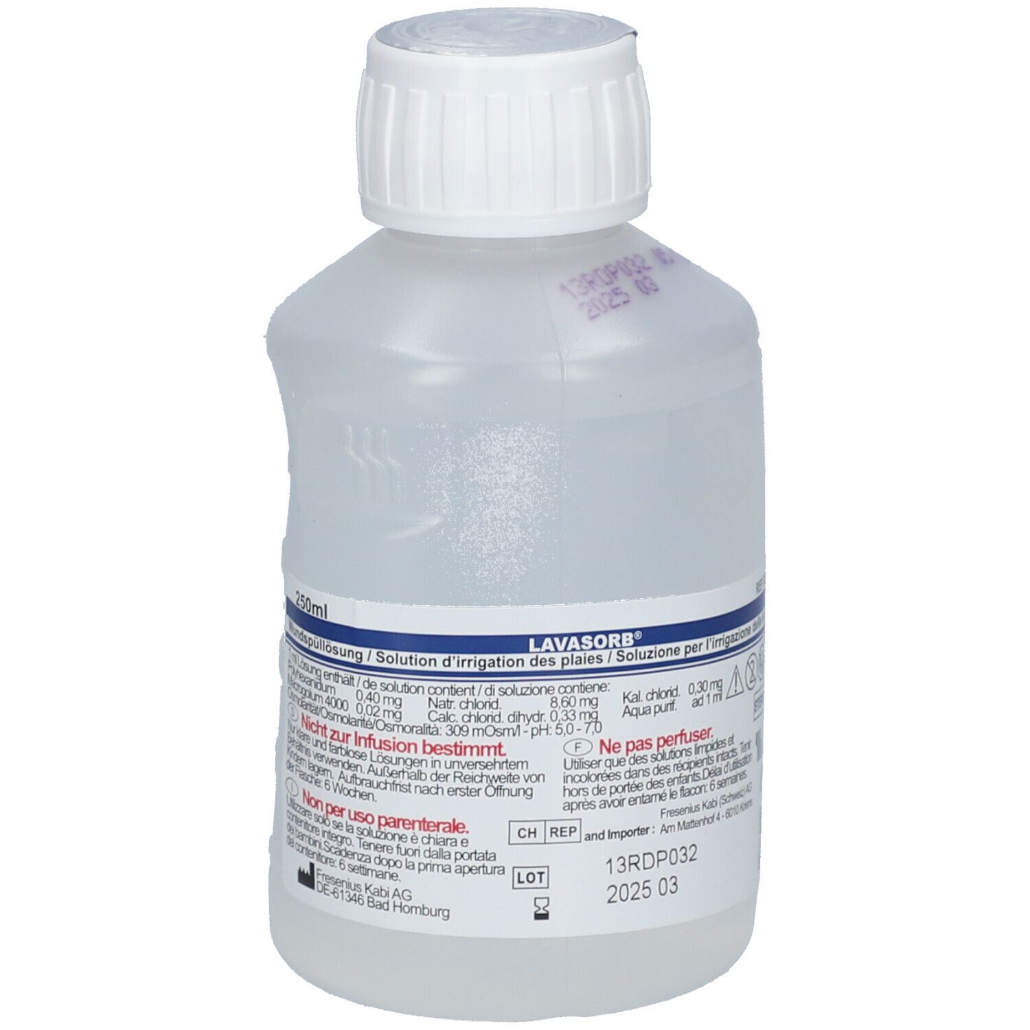 Flacon transparent avec bouchon à vis blanc. Inscription : Lavasorb®, 250ml. Impressions avec ingrédients et identifications.