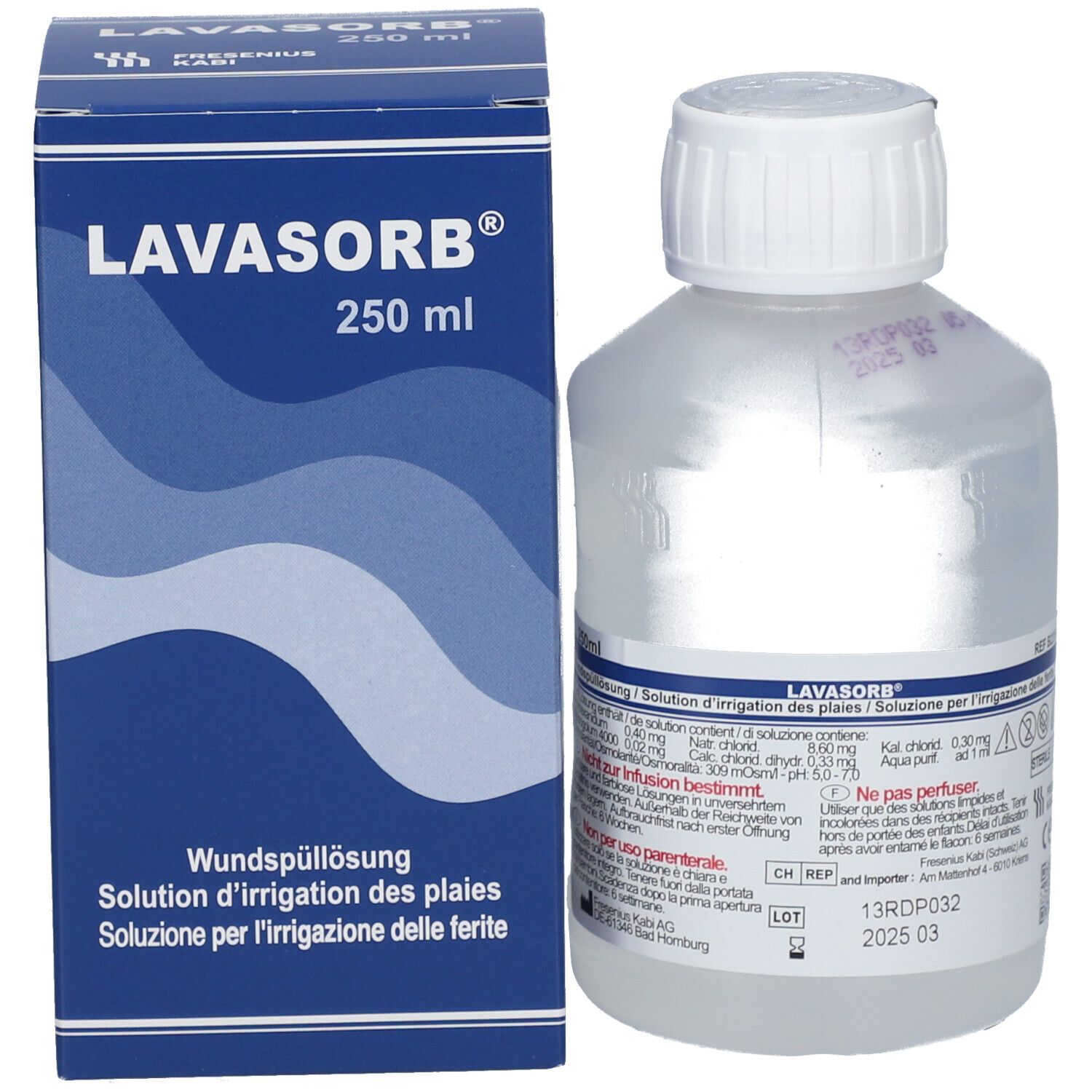 Flacon transparent et carton. Flacon : Lavasorb®, 250ml. Carton : Lavasorb®, solution pour le lavage des plaies. Informations sur les deux.