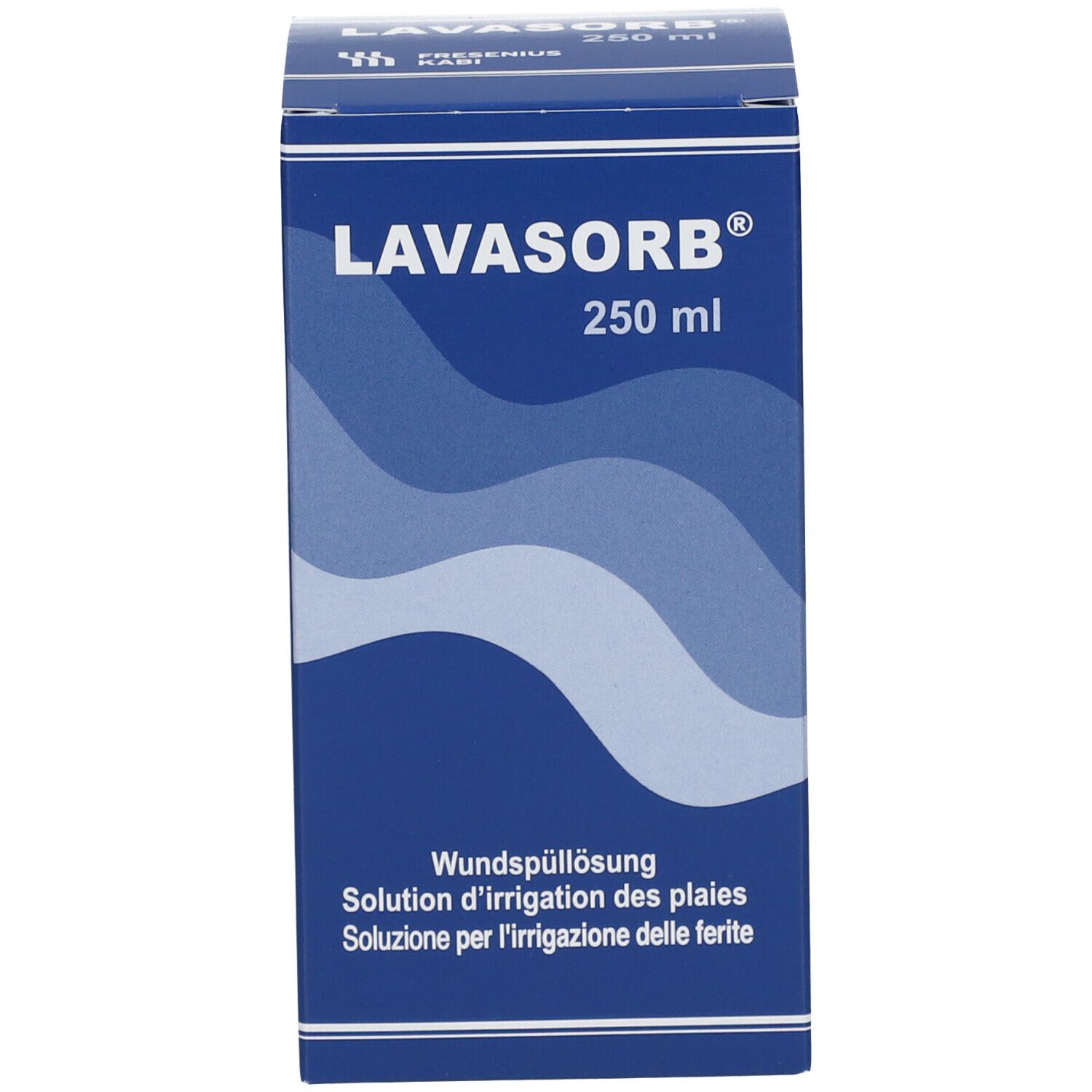 Boîte bleue avec texte blanc. Inscription : Lavasorb®, 250 ml. Texte : Solution pour le lavage des plaies, solution pour les plaies.