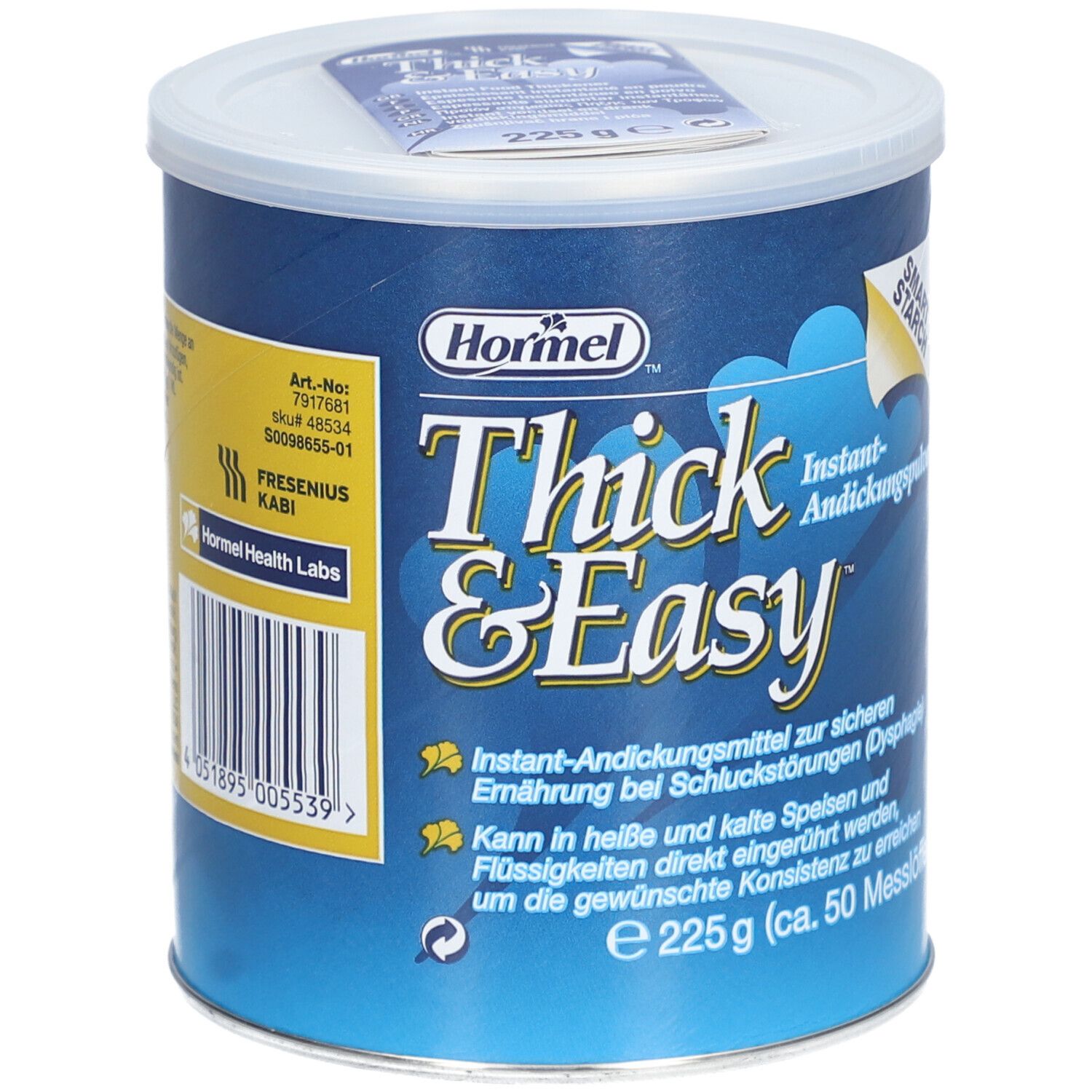 Boîte "Thick & Easy". Boîte bleue avec couvercle blanc. Contient de la poudre épaississante instantanée. Informations.