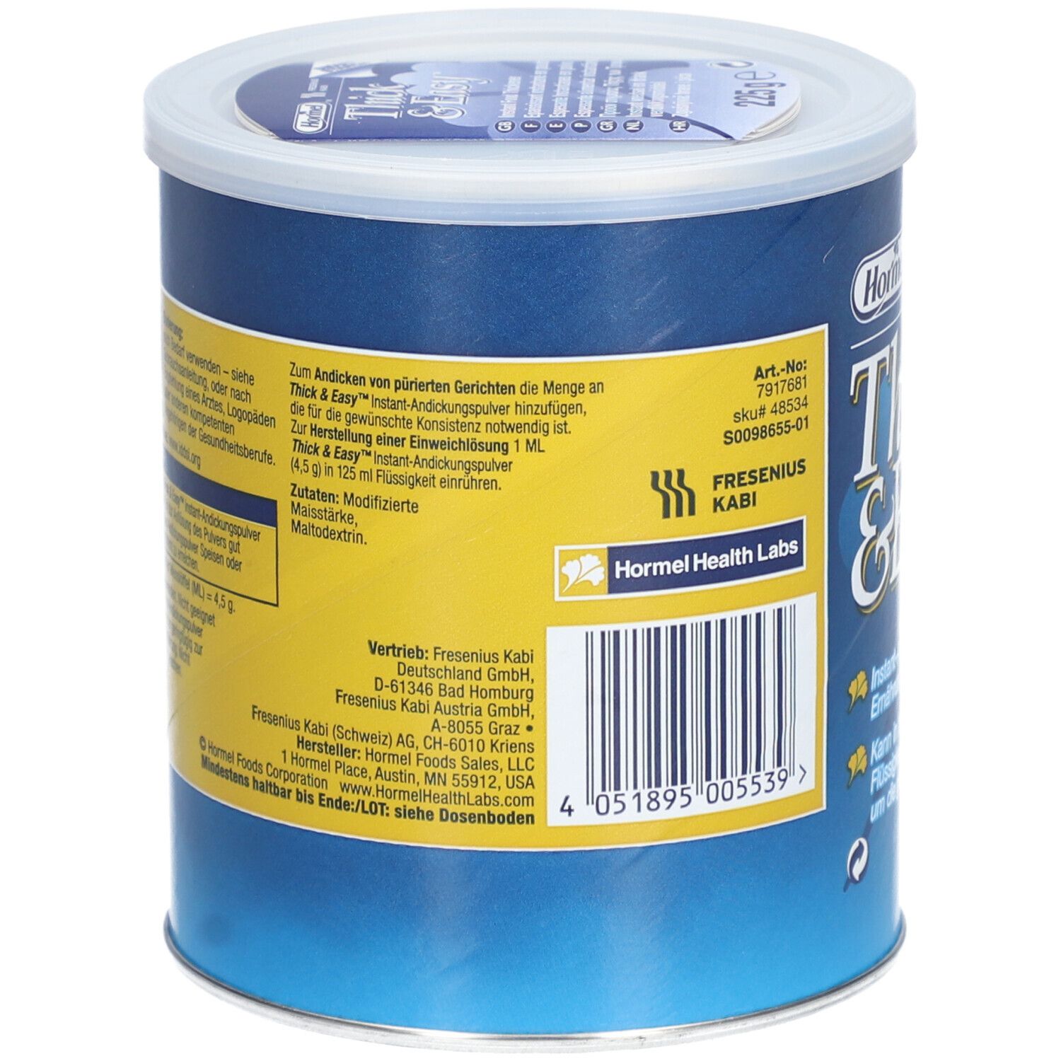 Dos de la boîte "Thick & Easy". Autocollant jaune avec texte et code-barres. Boîte bleue avec couvercle blanc.