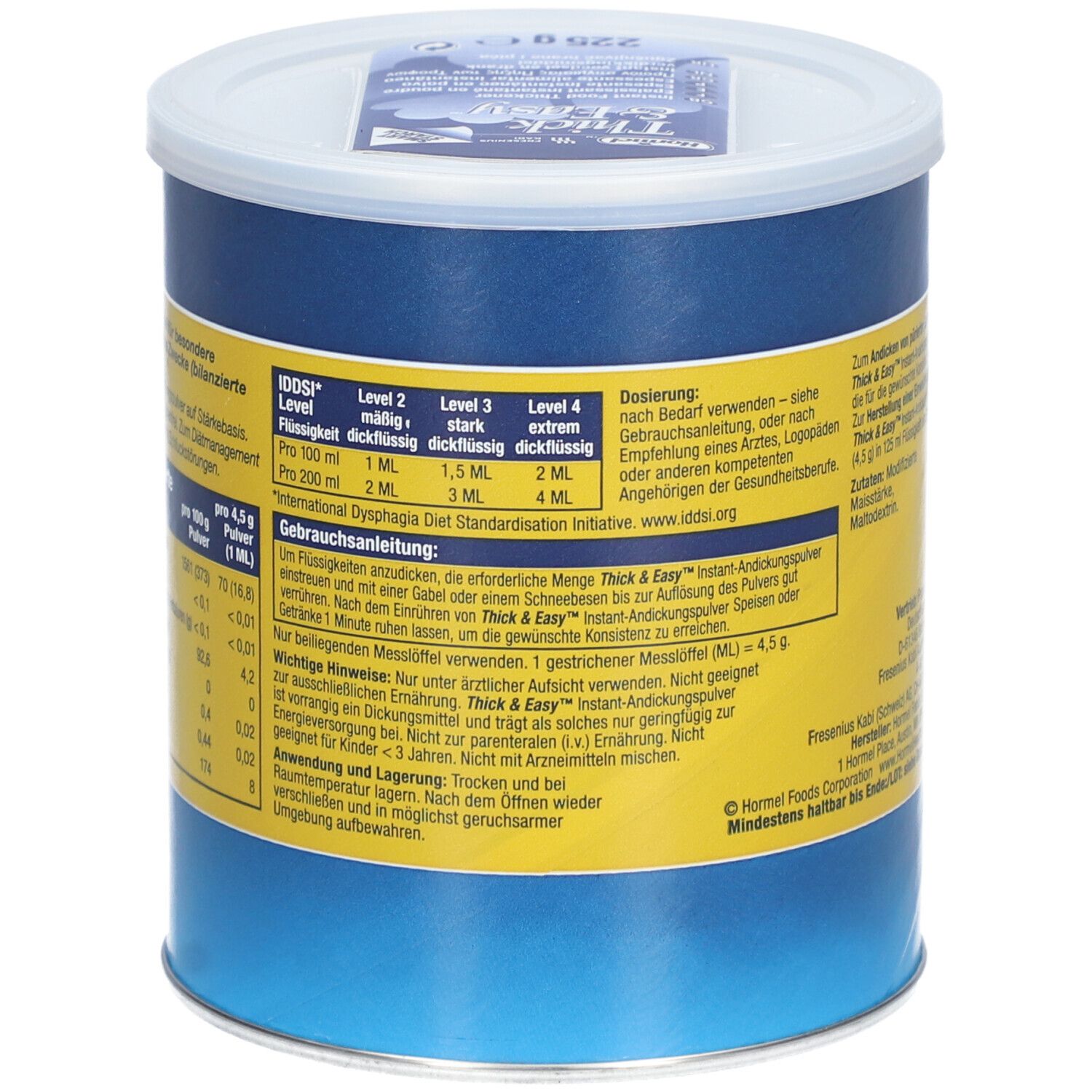 Boîte "Thick & Easy" avec autocollant jaune. Tableau de dosage et mode d'emploi. Boîte bleue avec couvercle blanc.