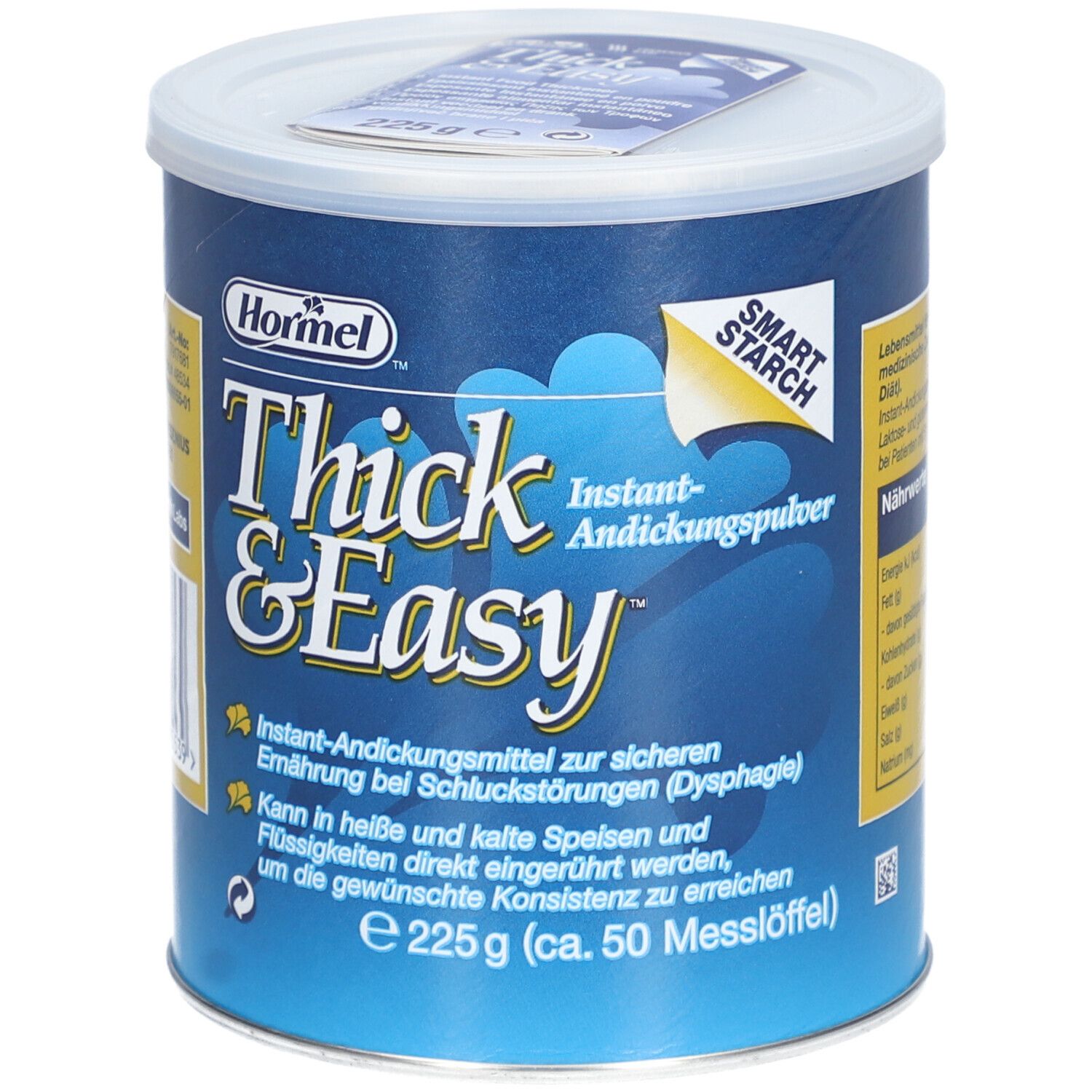 Boîte "Thick & Easy". Boîte bleue avec couvercle blanc. Contient de la poudre épaississante instantanée. Informations.