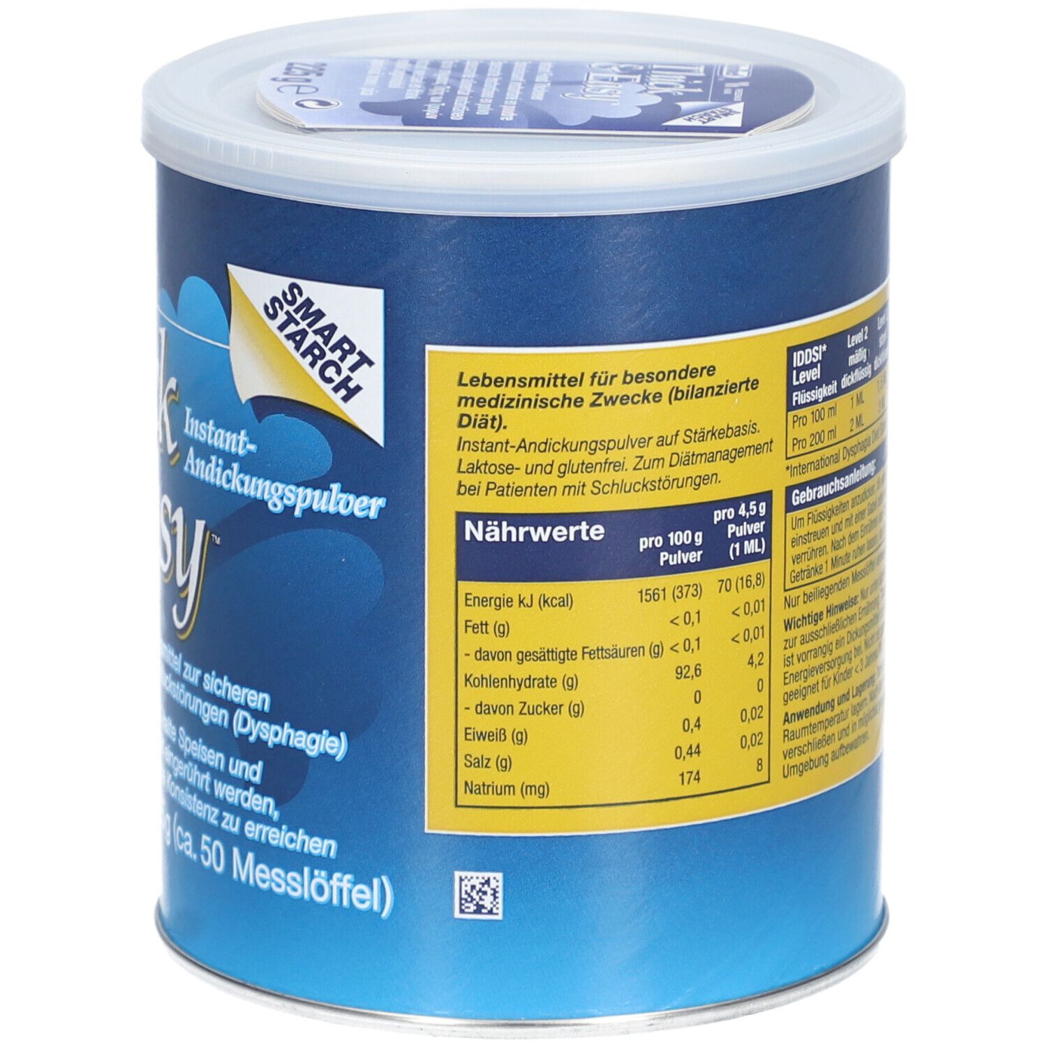 Boîte "Thick & Easy". Boîte bleue avec couvercle blanc. Contient de la poudre épaississante instantanée. Informations nutritionnelles.