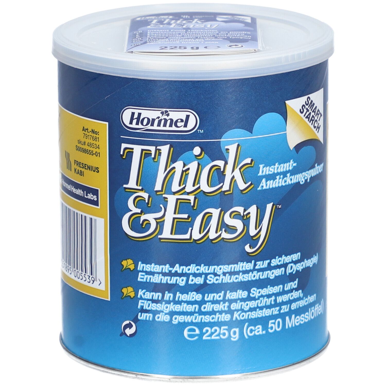 Boîte cylindrique "Thick & Easy". Boîte bleue avec couvercle blanc. Contient de la poudre épaississante instantanée.