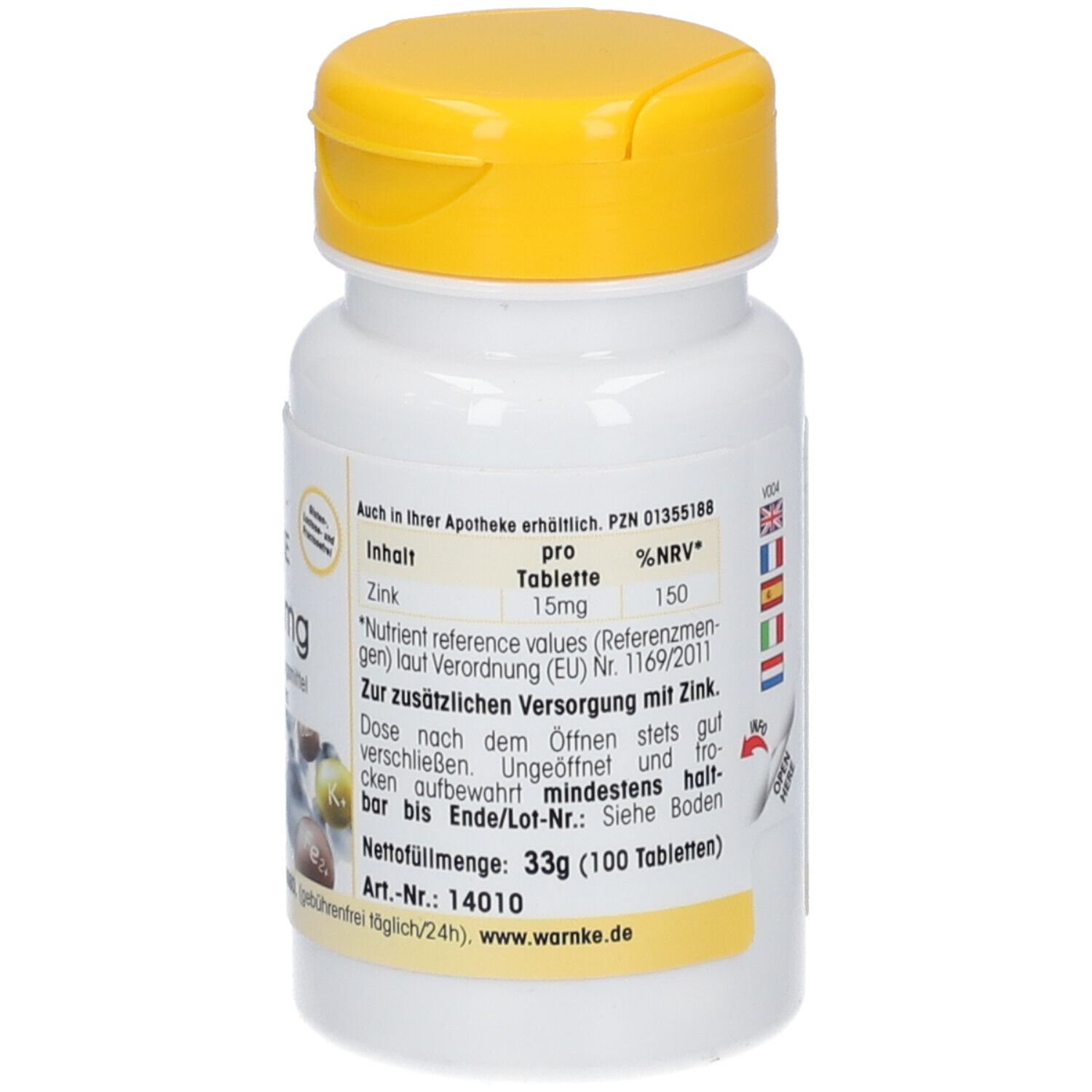 Flacon blanc à bouchon jaune. Texte et informations nutritionnelles. Poids net: 33g (100 comprimés).