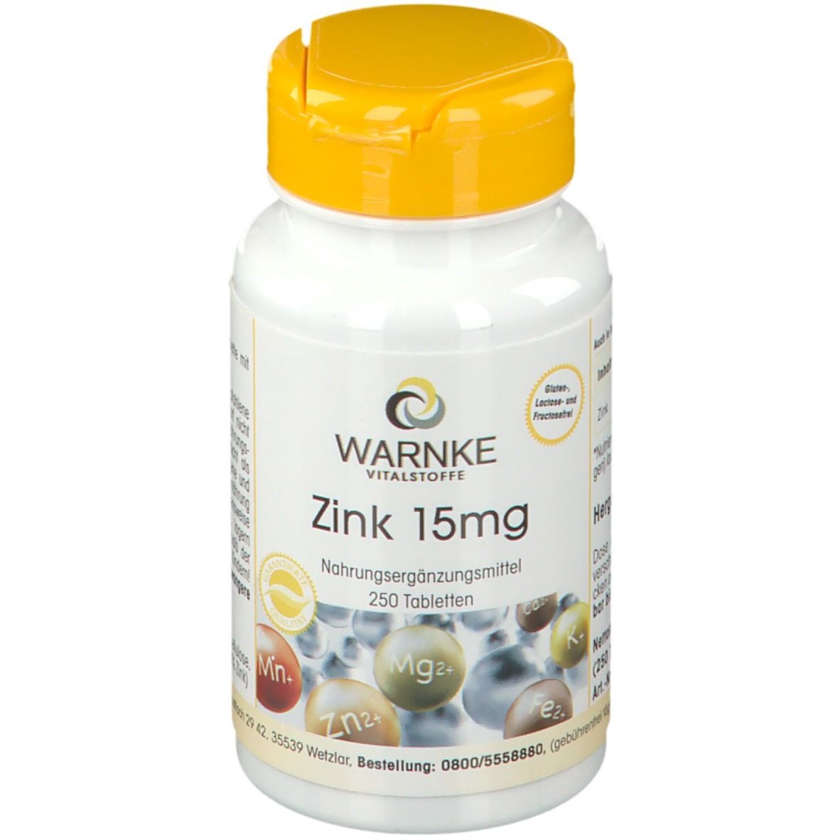Flacon blanc à bouchon jaune. Inscription WARNKE Zink 15mg. Complément alimentaire. 250 comprimés. Vue détaillée.