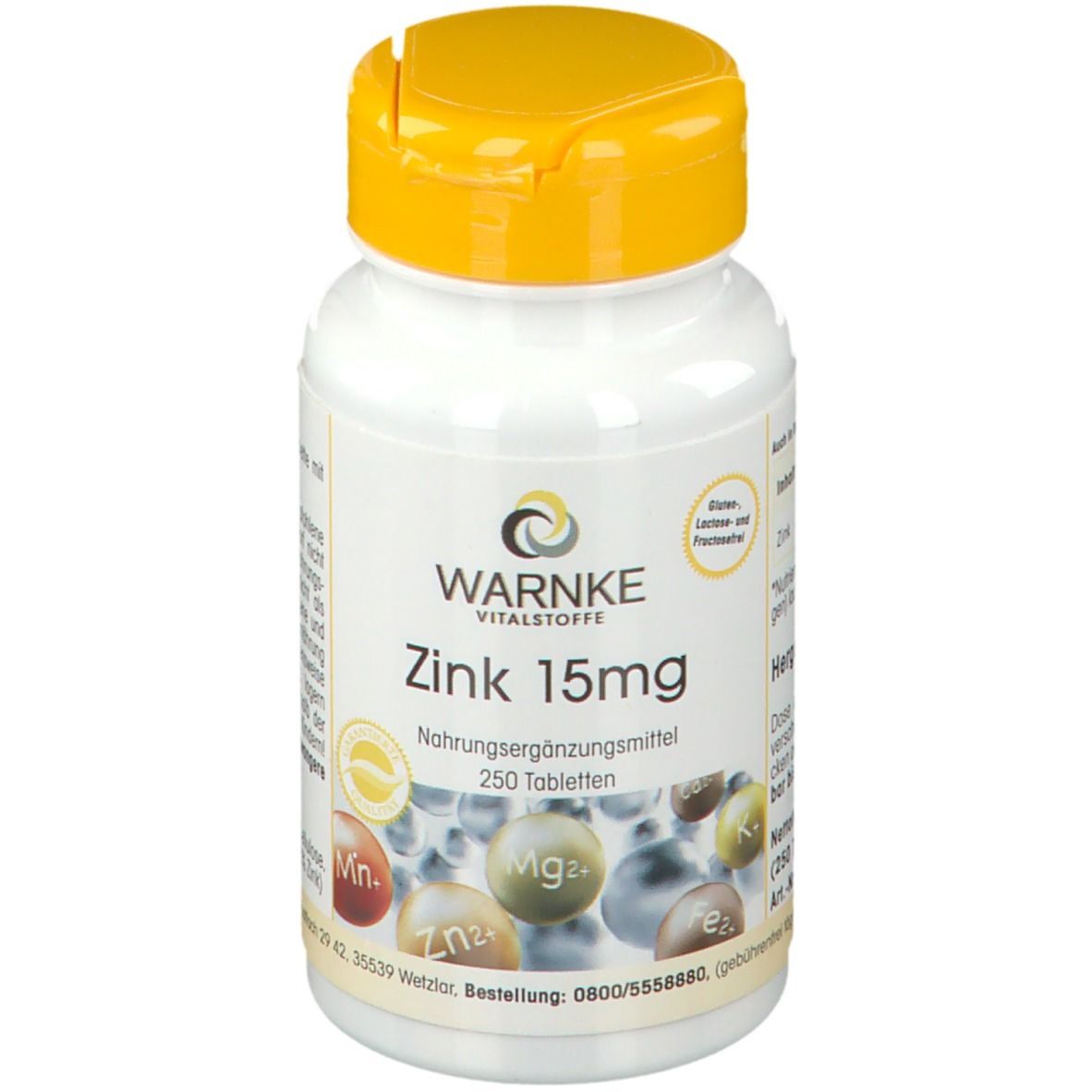 Flacon blanc à bouchon jaune. Inscription WARNKE Zink 15mg. Complément alimentaire. 250 comprimés.