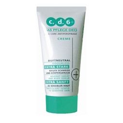 Tube de crème avec bouchon vert. Inscriptions : c.d.6+, DAS PFLEGE DEO, Creme, EXTRA STARK, EXTRA SANFT.